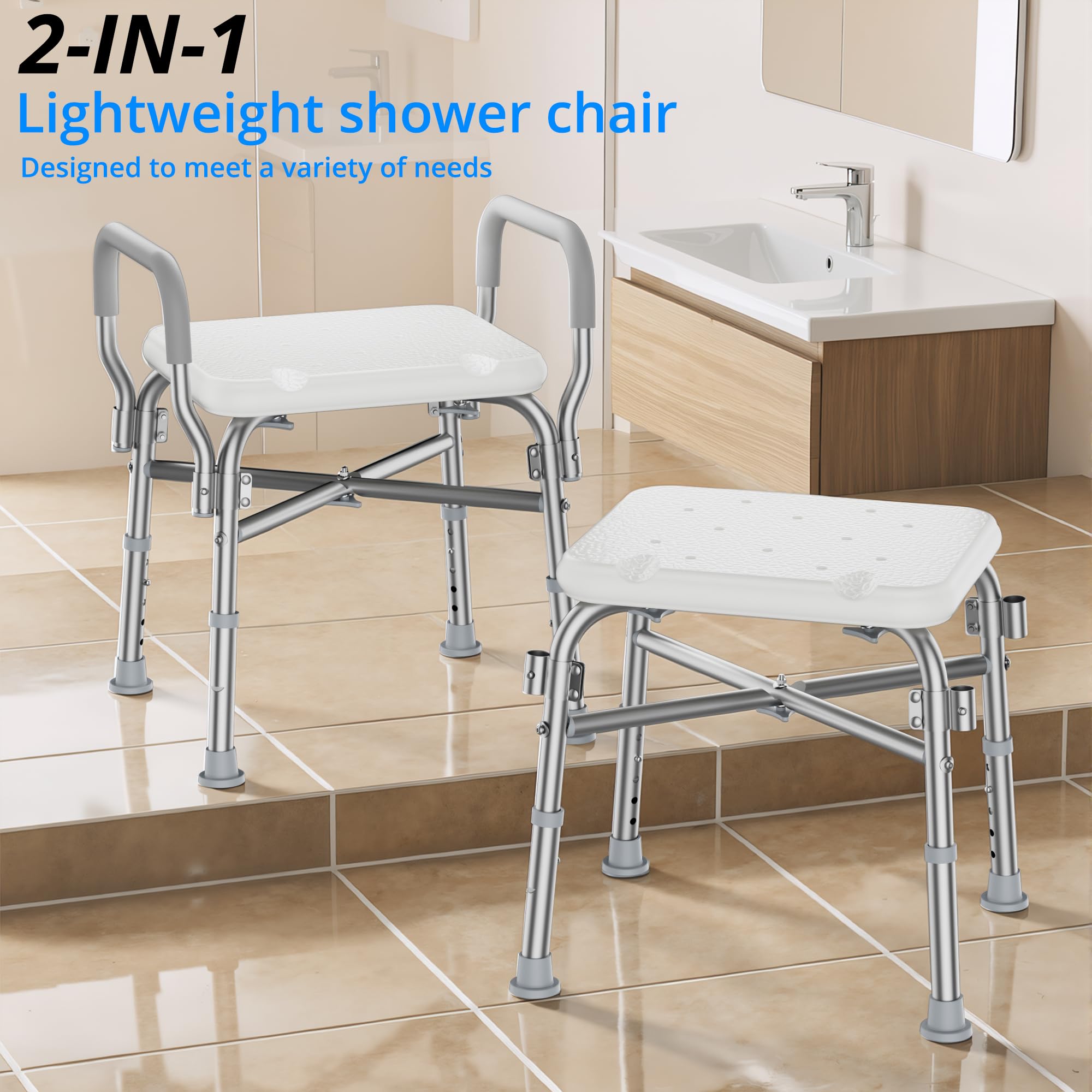 Silla de ducha y brazos acolchados, taburete de baño de altura ajustable con pies antideslizantes, silla de bañera para ancianos, asiento de baño con respaldo, tapa de peso de 350 libras