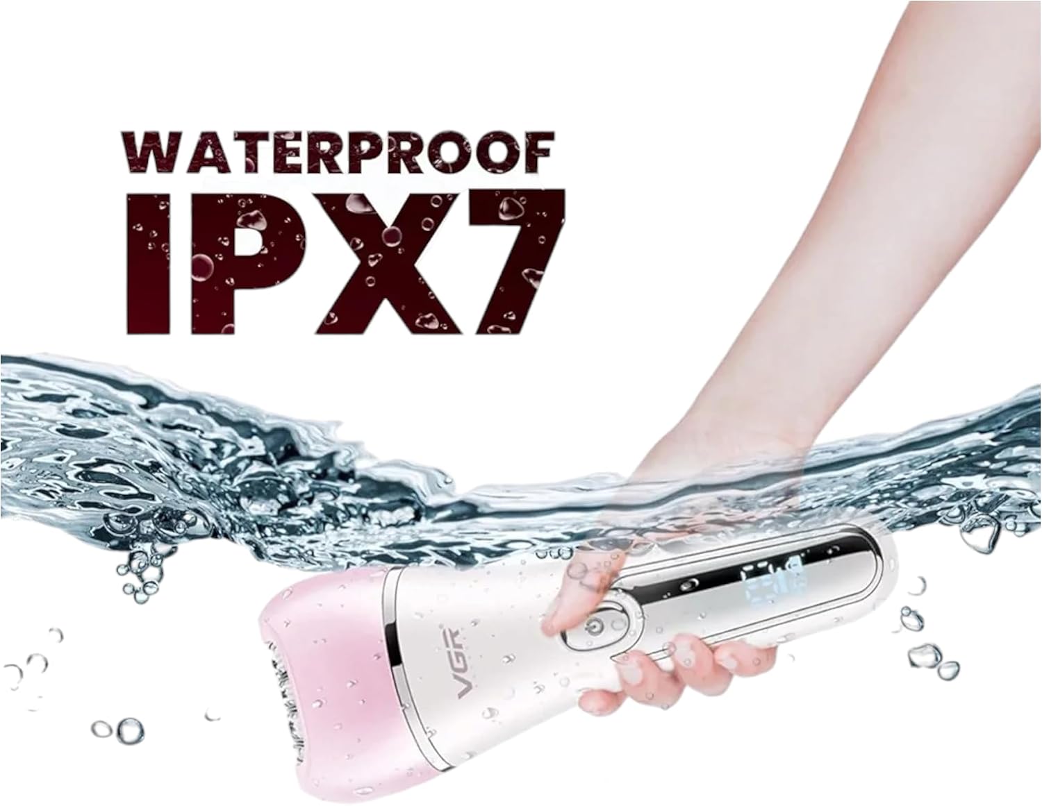 VGR V-733 device submerged in water demonstrating IPX7 waterproof rating