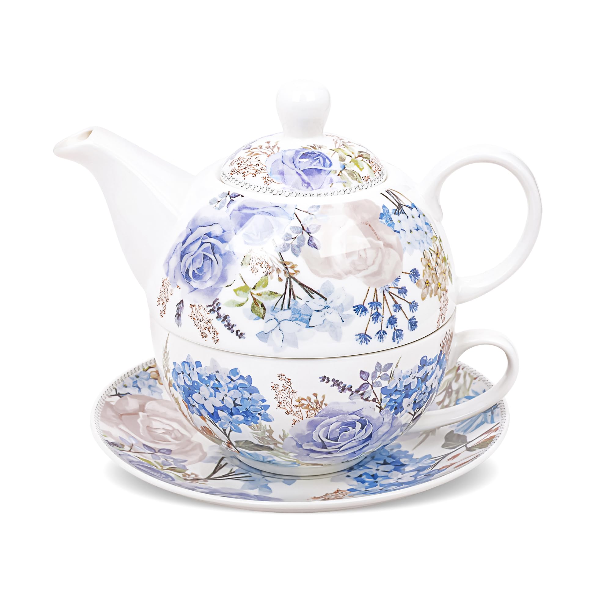 fanquare Juego de Té para Una Persona en Porcelana 400ml Diseño de Rosas y Hortensias Azules,Juego de Tetera con Taza de Café y Platillo para Té de la Tarde Desayuno y Regalo Hogar