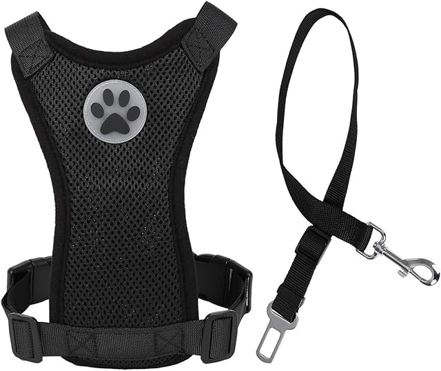 Kosttapaws Dog Car Vest Harness Seatbelt Set, Dog Car Adjustable Pet Harness with Safety Seat Belt, Double Breathable Mesh fabric Harness with Vehicle Connector Strap For Small Medium Large Dogs