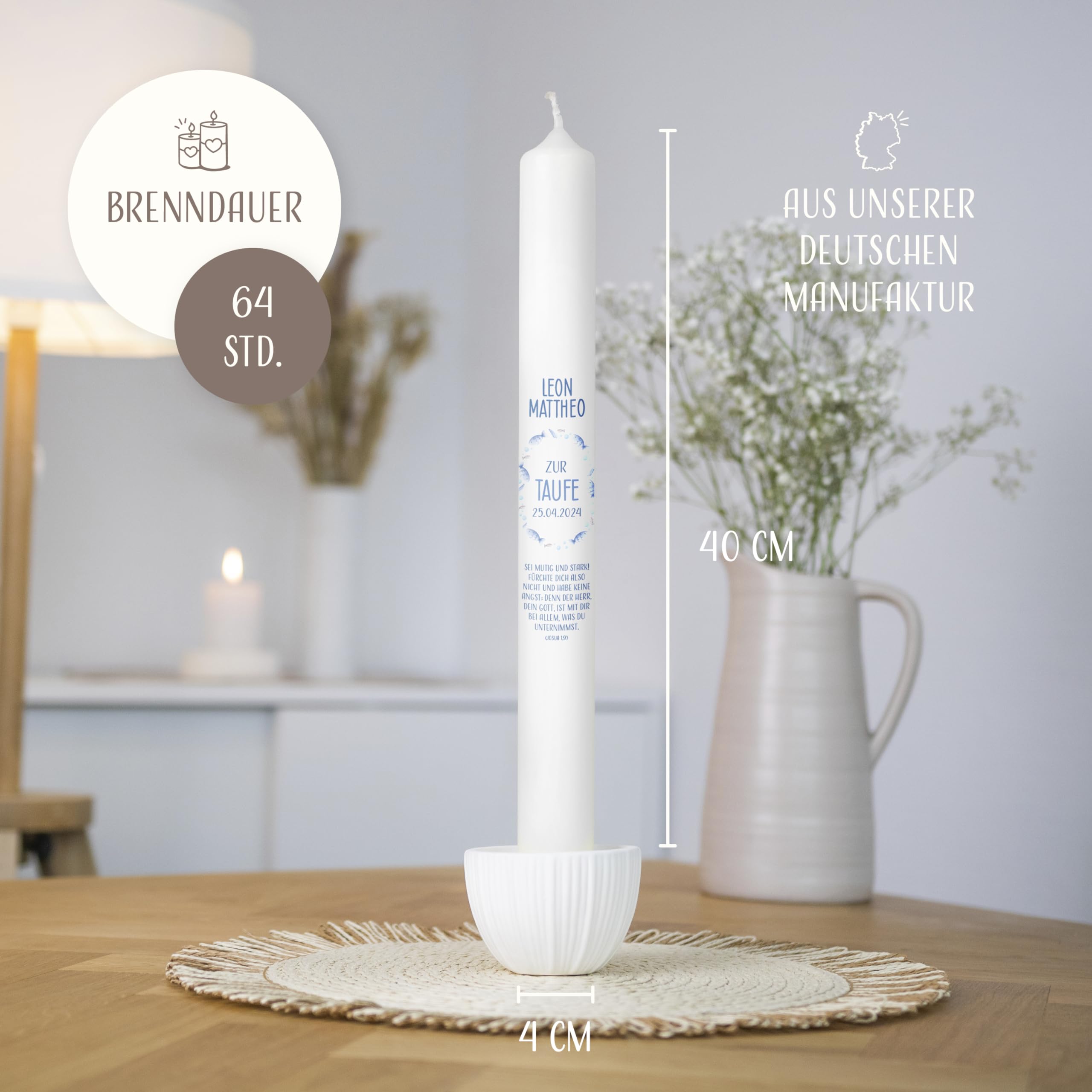 AMARI ® Taufkerz personalisiert Fischschwarm (002.10.01) H:40cm/⌀:4cm - Gestalte und mach deine Taufe - Taufkerze mit Namen