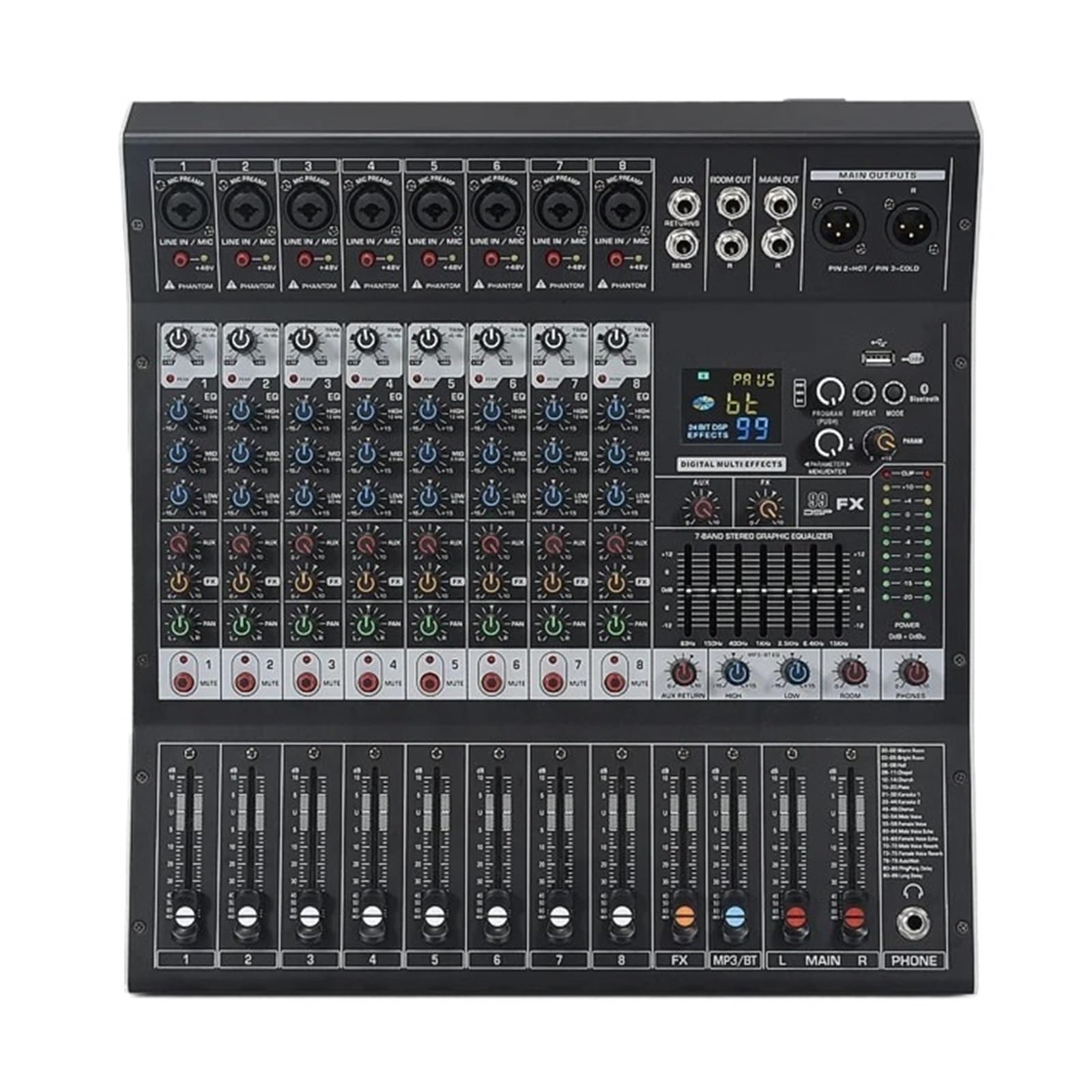 8/12-kanałowa Cyfrowa Konsola Miksująca Audio, 100 Efektów, Bluetooth, USB, MP3, DJ, Pogłos, Mikser Dźwięku(8 channels)