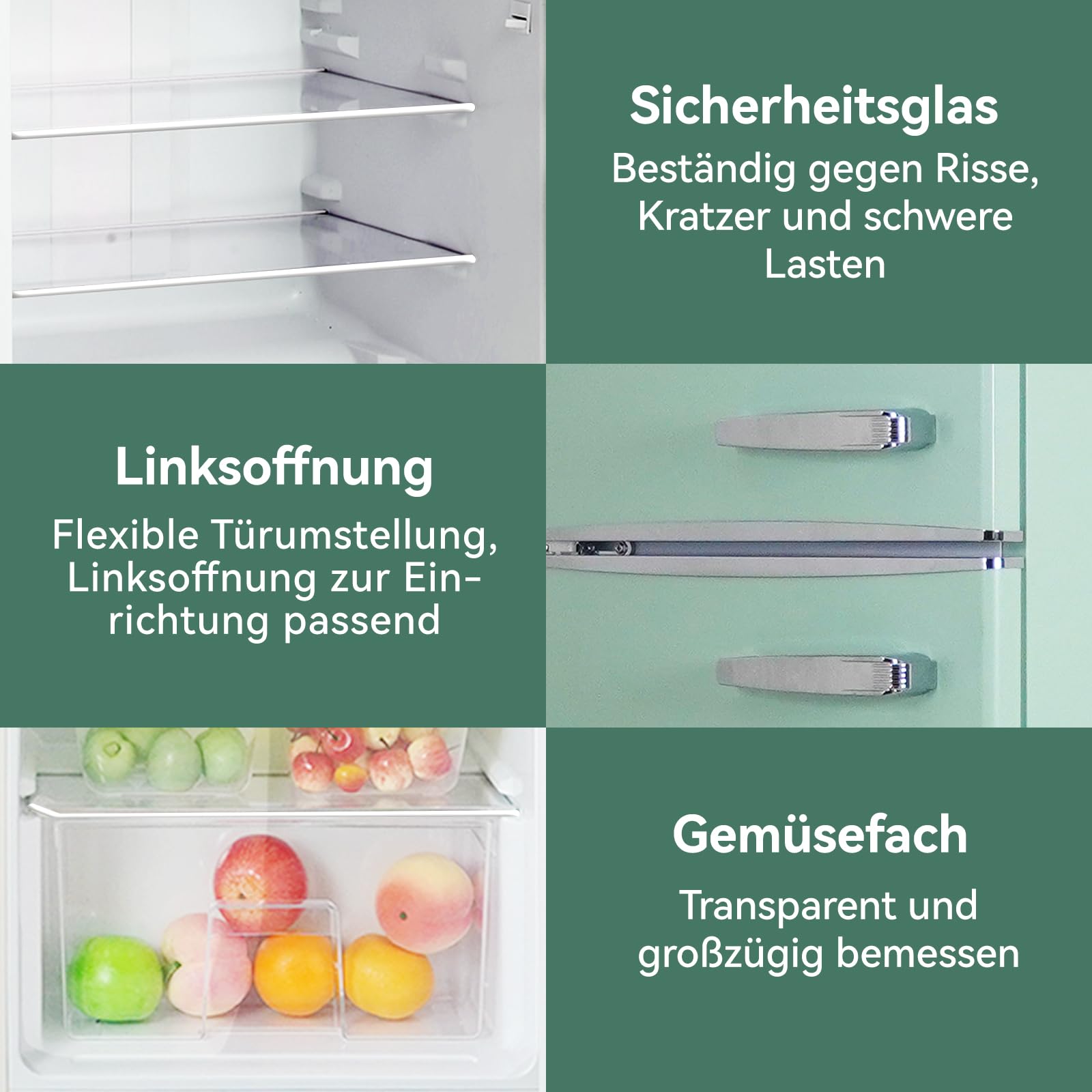 Magictec Retro Kühlschrank mit Gefrierfach 120L Low Frost Kühl Gefrier Kombination Vintage Design LED Beleuchtung Matcha-Grün