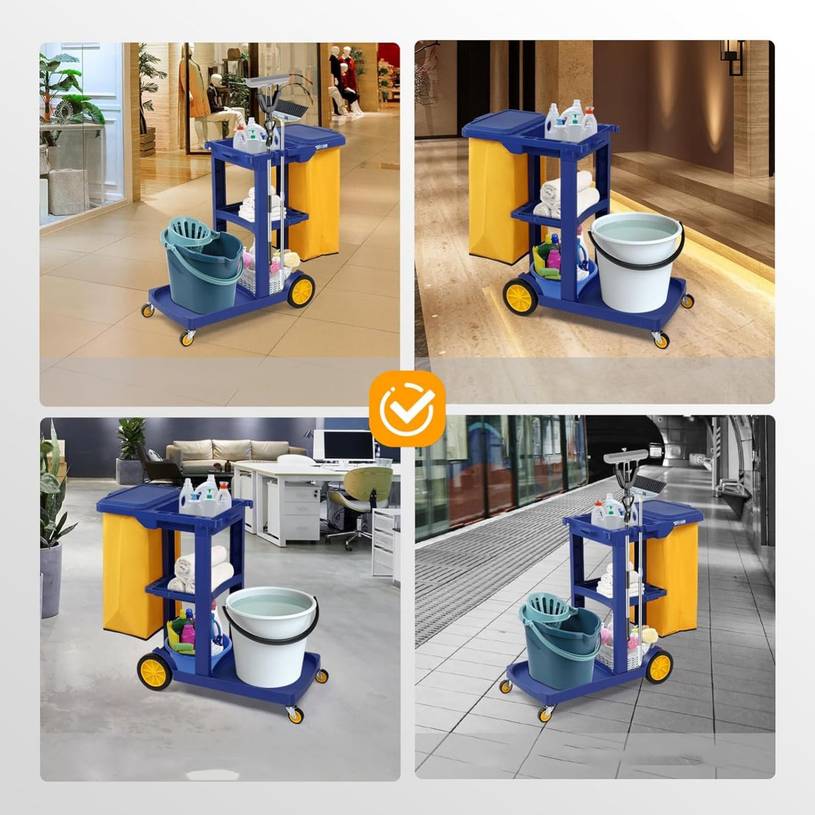 Carrito de limpieza de 3 estantes con bolsa de vinilo amarillo y cubierta, carrito de limpieza con ruedas para limpieza comercial