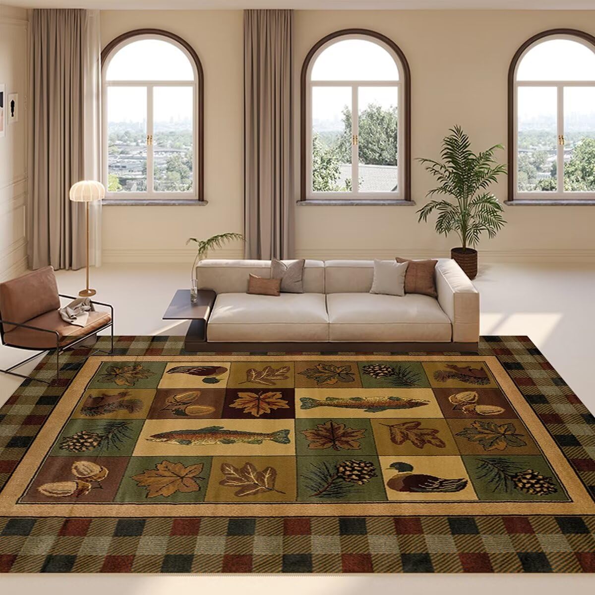 Multicolor Plaid Fish Plants Print Area Rugs for Living Dinning Room Rustic Country Lodge Design Rectangular Rugs Pet Kids Friendly Floor Carpet,6'x9'