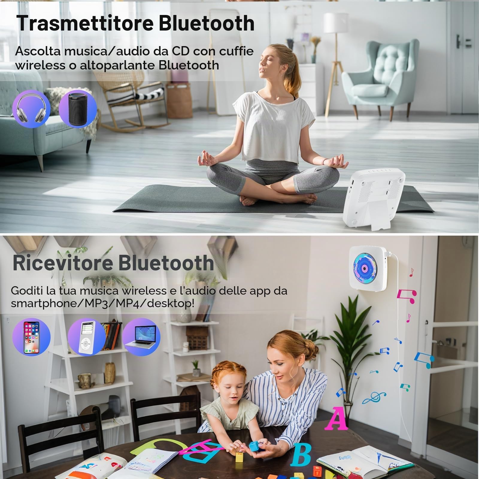 Lettore CD Portatile Bluetooth Kegaudio con Altoparlante USB/AUX Presa per Cuffie Bianco