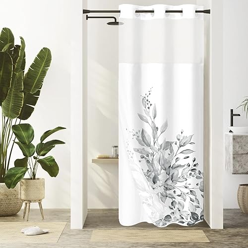 Miniatura 15 de Gibelle Juego de cortina de ducha sin gancho con forro de tela a presión, estilo hotelero verde salvia con hojas de planta, cortina doble