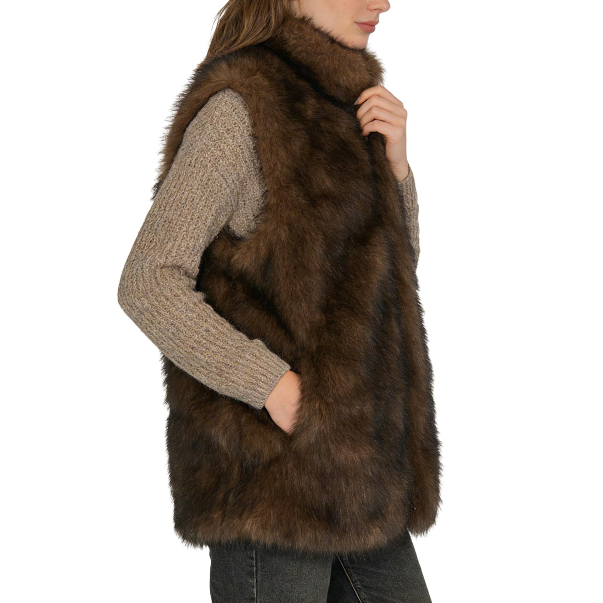 Amazhiyu Gilet di pelliccia da donna, in pelliccia sintetica, giacca in pelliccia sintetica, giacca invernale, autunno, senza maniche, in pelliccia sintetica, gilet elegante, gilet da donna con tasche