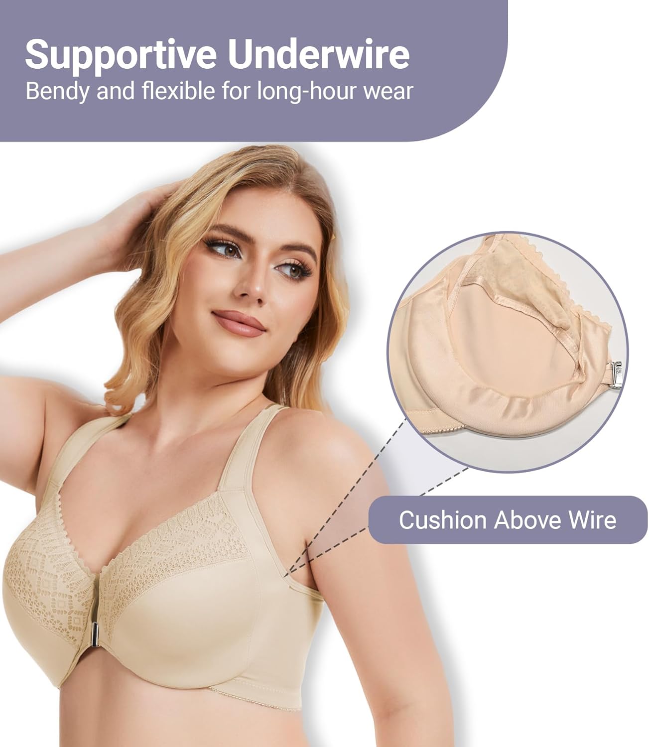 Plus Size Racerback Front Closure Bra for Women Unlined Underwire Wide Strap - Image 4