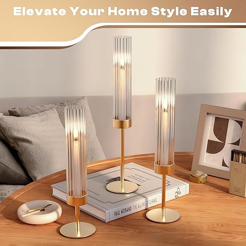 Miniatura 2 de Portavelas dorados de huracán candelabros altos estriados para boda, latón, portavelas cónico moderno, decoración para centro de mesa, fiesta de