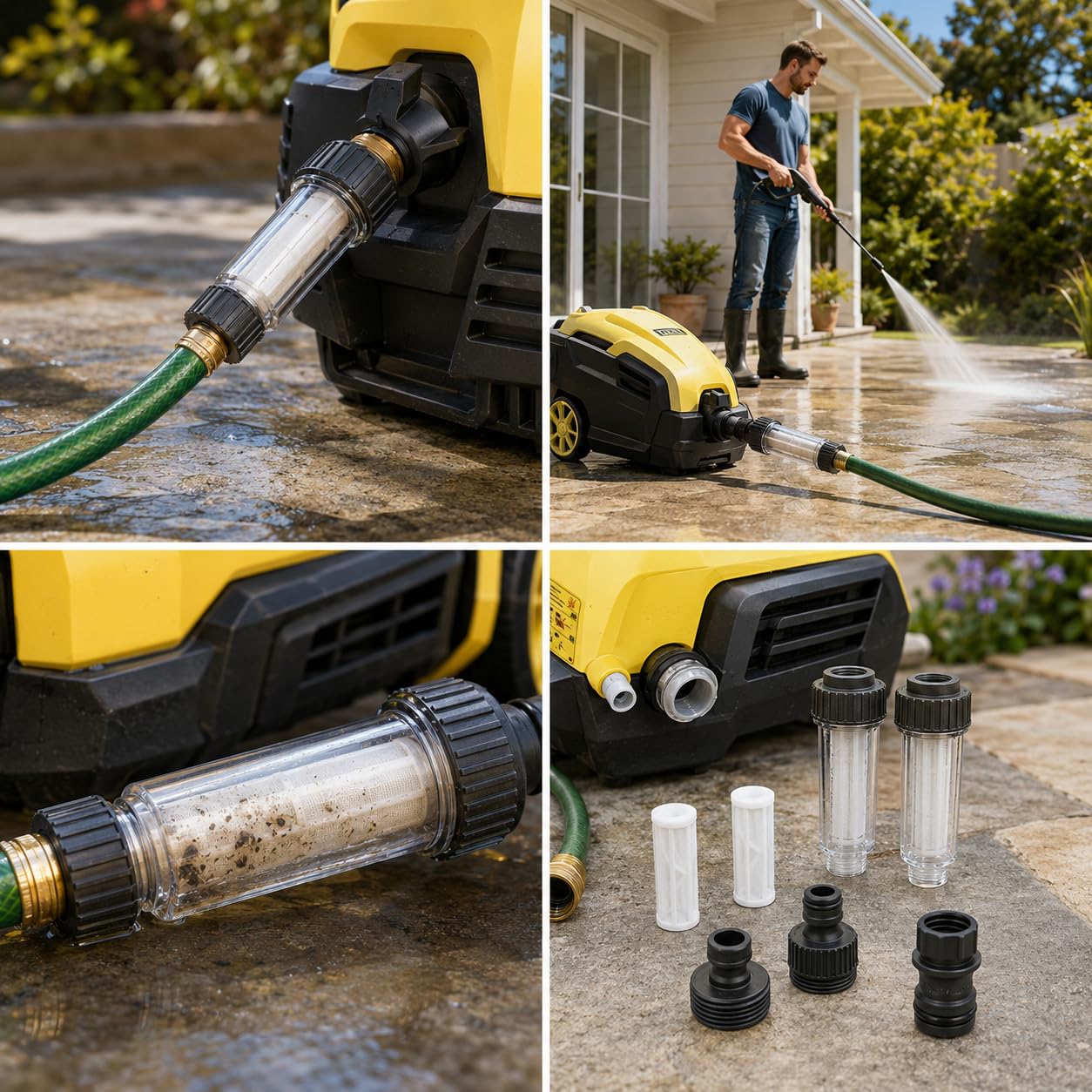 Conjunto de Filtros de Agua para Hidrolimpiadora, Filtro 3/4" para Manguera de Jardín, Kit con 2 Filtros, 4 Cartuchos de Repuesto y Conectores, Compatible con Kärcher K2–K7