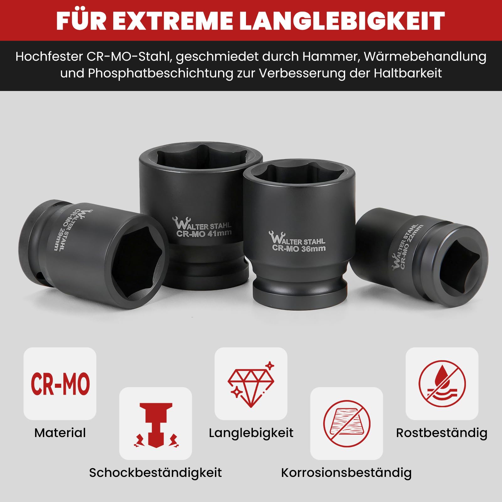 WALTER ACCIAIO Set di 26 cacciaviti a percussione, dadi da 3/4", adattatore per bussola, dimensioni metriche standard (21-65 mm) | Set di chiavi a bussola in acciaio Cr-V