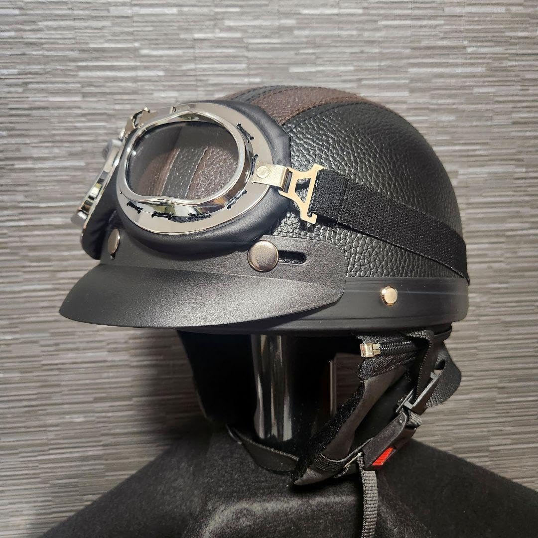 Amazon.co.jp: レザーヘルメット ゴーグル付 ヴィンテージ ブラウン 半