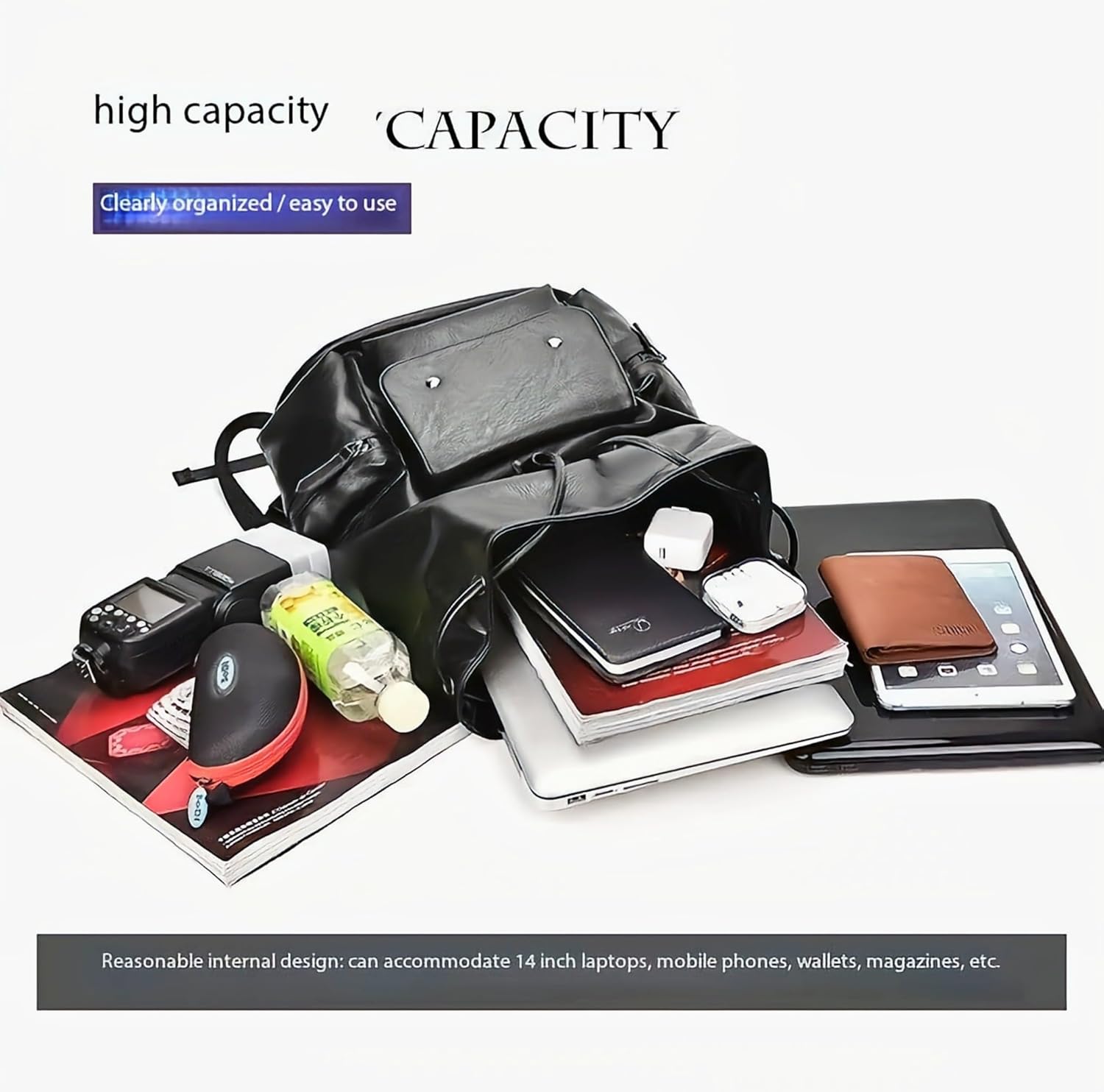 Unisex PU leather laptop bag work business bag hiking backpack leisure day bag university schoolbag (Large,Black 3) - Image 3