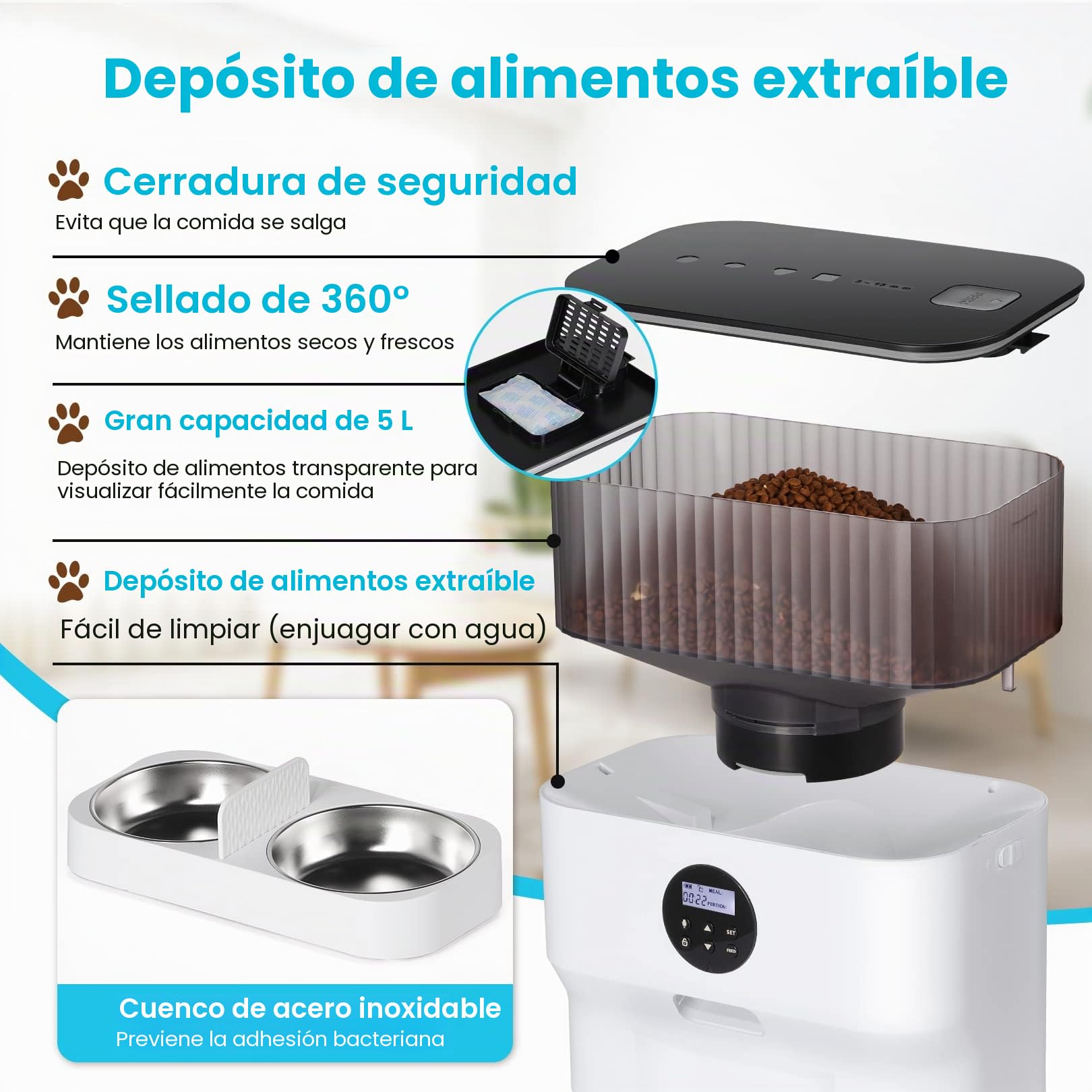 Sailnovo Comedero Automático para Dos Gatos, Dispensador de Comida Seca para Mascotas, Recordatorio de Voz 10s, hasta 80 Porciones y 4 Comidas al Día para Perros y Gatos, Blanco-5L