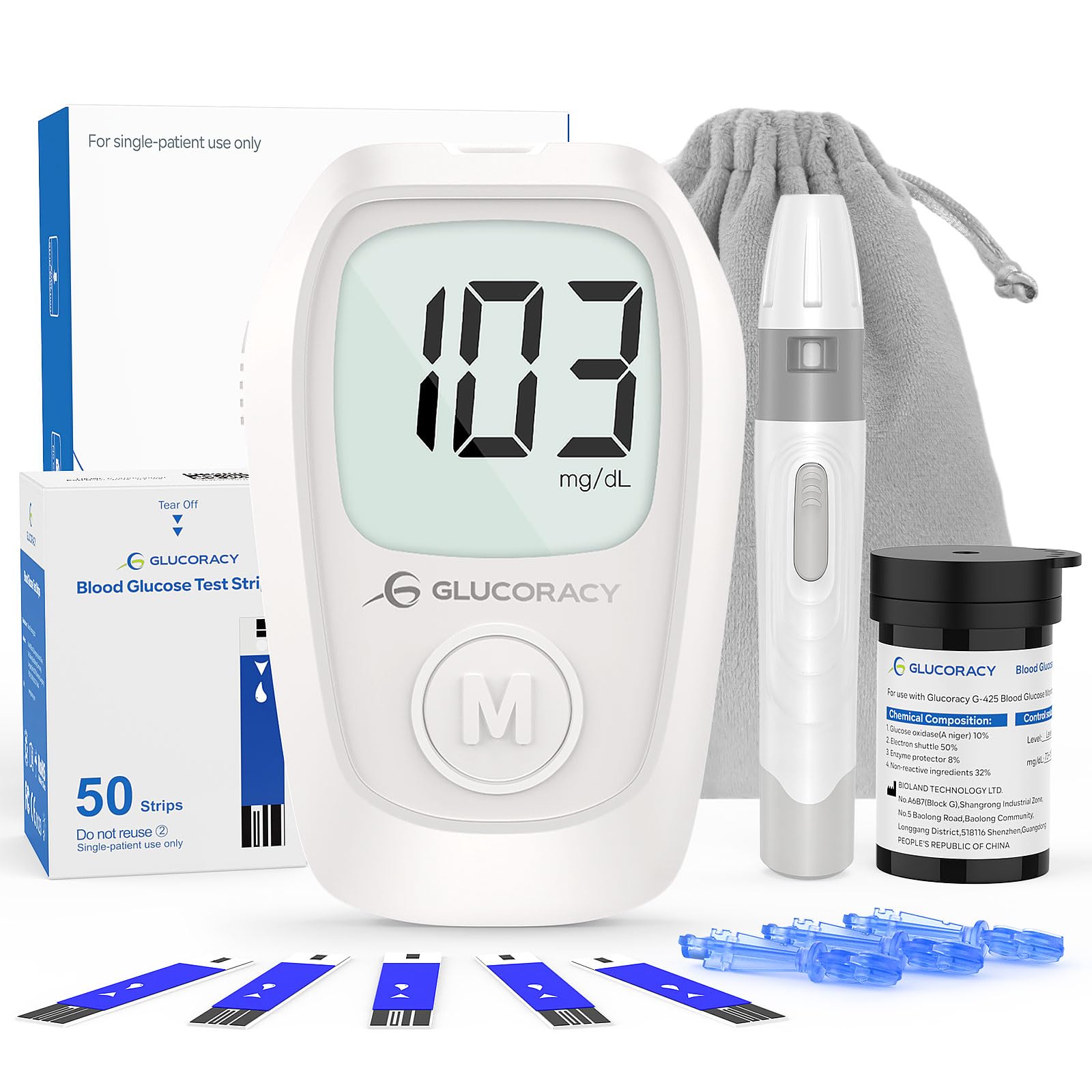Glucoracy G-425 Blood Glucose Monitor Kit, Blood Sugar Test Kit with Lancing Device, 50 Test Strips and 50 Lancets, Glucose Meter for Home Use, Diabetes Home Testing Kit