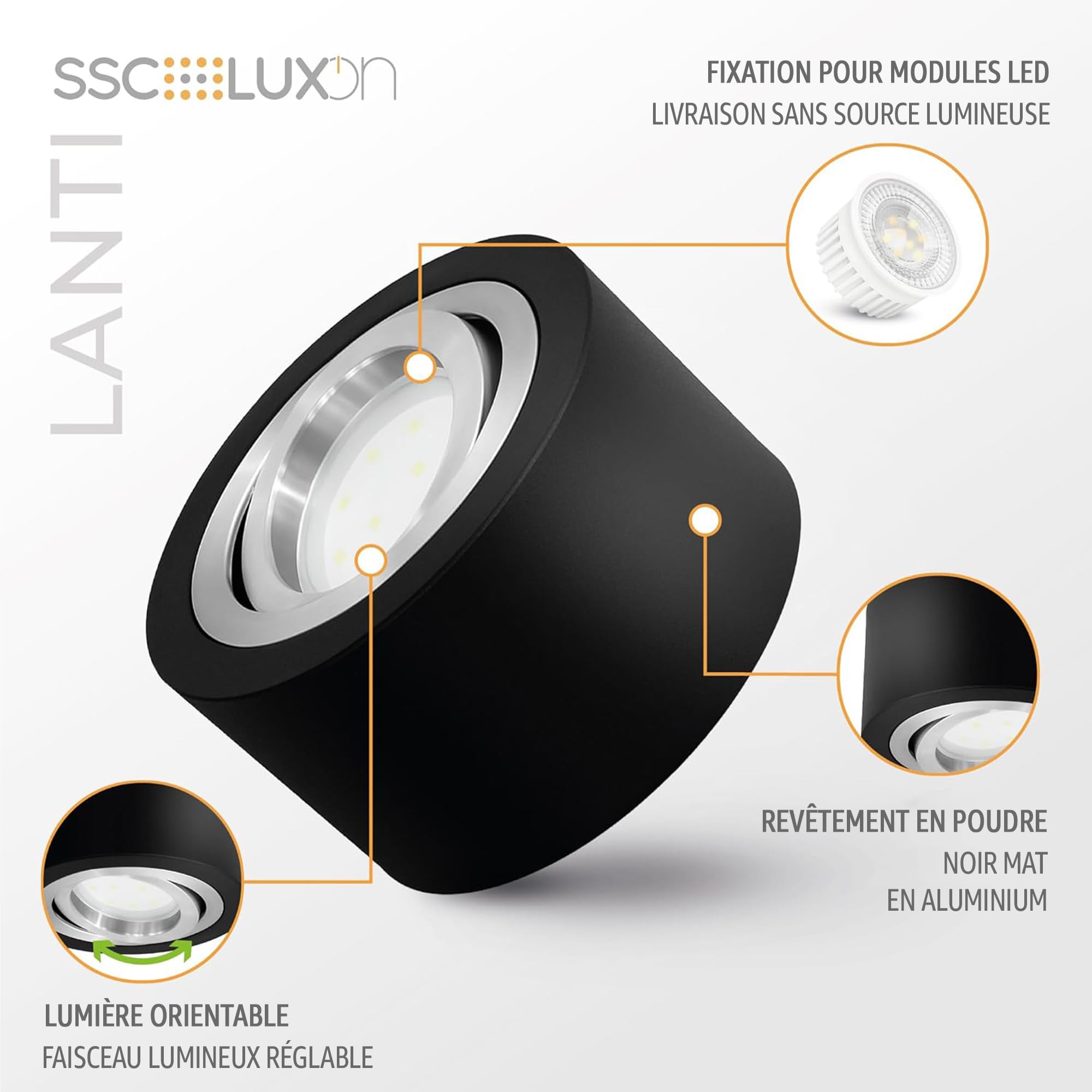 SSC-LUXon LANTI lot de 4 spots plafonniers orientables noirs avec anneau