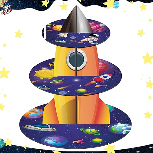Soporte de 3 niveles para cupcakes, astronauta, cohete, espacio exterior, decoración de mesa de cartón, soporte para tartas, sistema solar,
