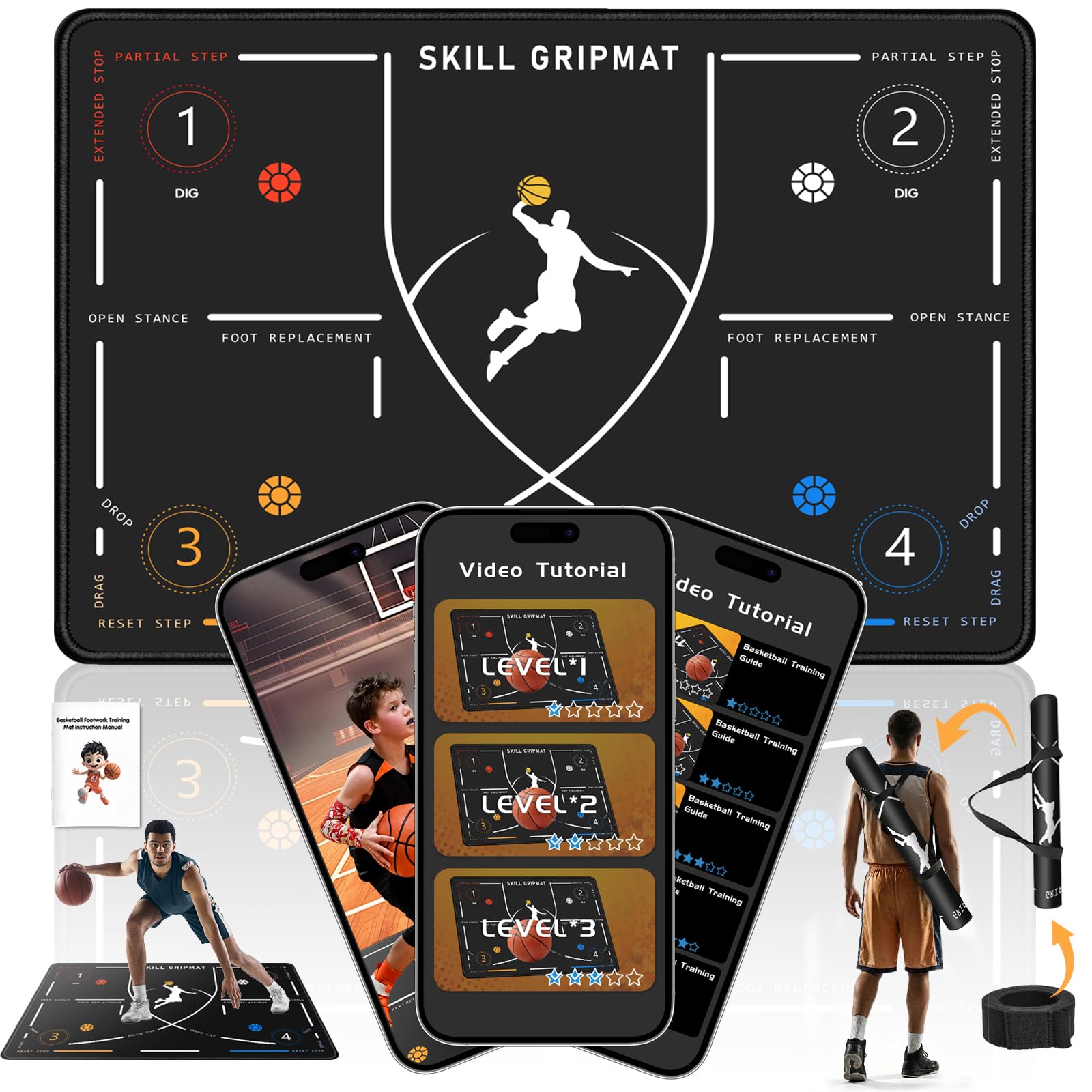 Portable Basketball Footwork Training Mat, Agility Footstep Training Mat, Basketball Pads for Training All Levels, Non-Slip Silent Equipment for All Ages to Improve Speed, Strength and Coordination