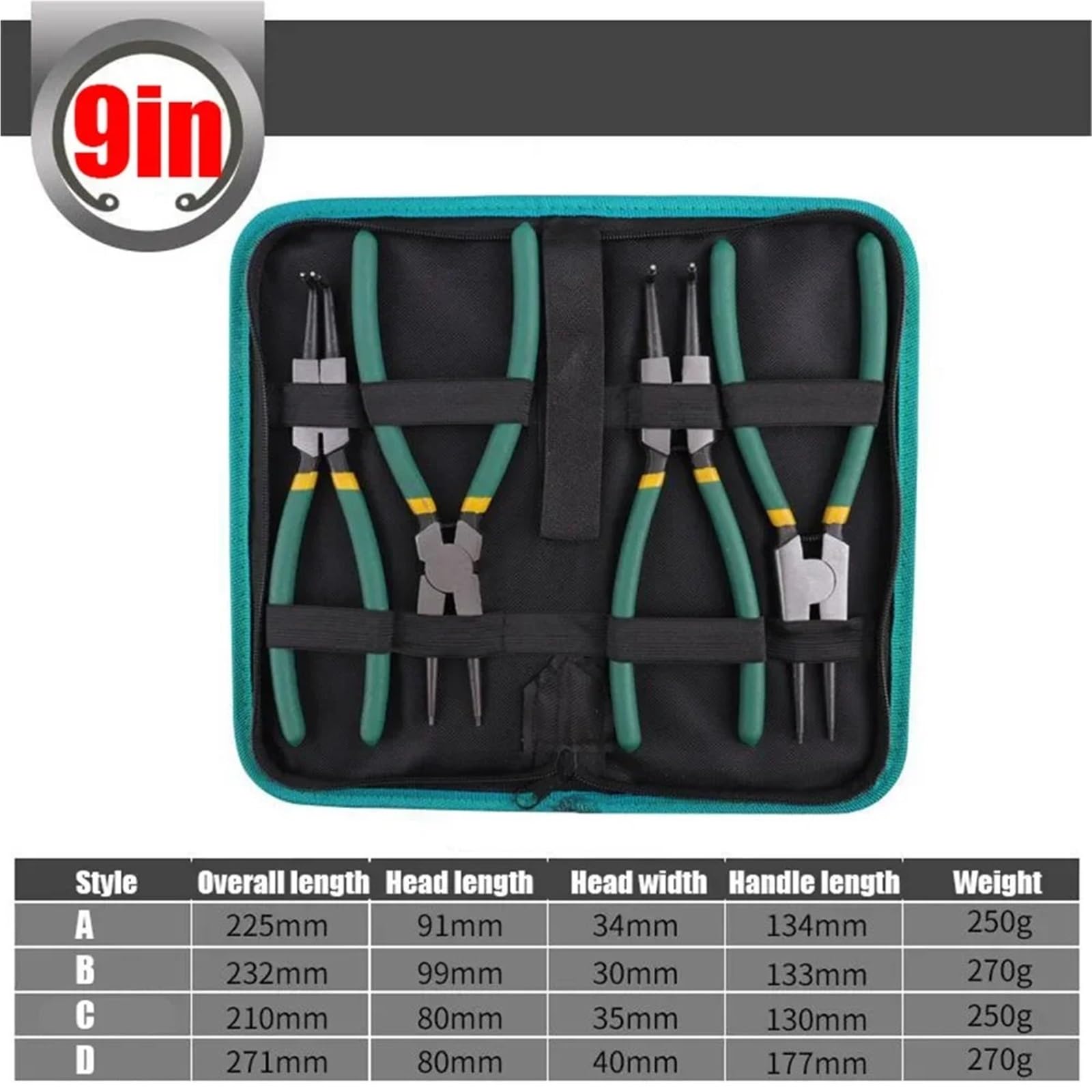Set Di Pinze Set di 4 pinze for anelli elastici con custodia da 7 pollici, pinza a becco lungo, piegata, strumento rimozione dell'anello elastico fissaggio interno esterno(C-9in)