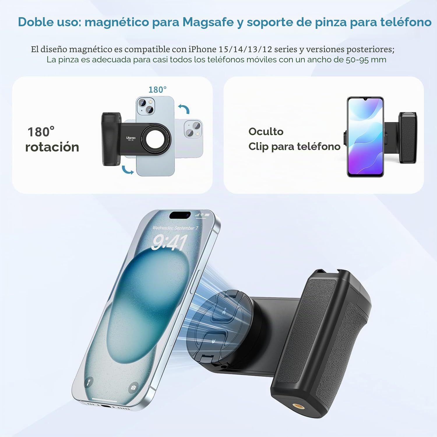 ULANZI MA35 Handle Grip Movil, 2 en 1 Magnético & Clip para Teléfono Soporte para Manija de Cámara con Obturador Remoto Desmontable con Adaptador de Zapata Fría para Selfie, Vlog, iPhone 17 16 15