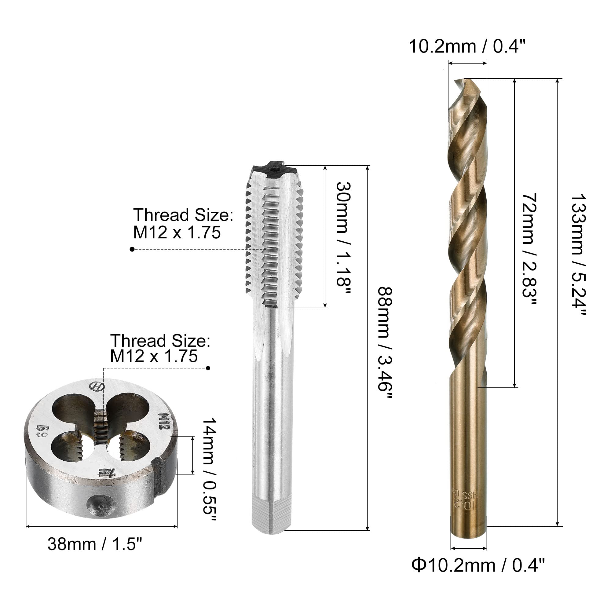 Set di Maschi e filiere e Punte da Trapano, Maschio per fresatura con Filettatura Sinistra M12 x 1,75 e filiera Tonda, Punta elicoidale in Acciaio rapido al Cobalto da 10,2 mm