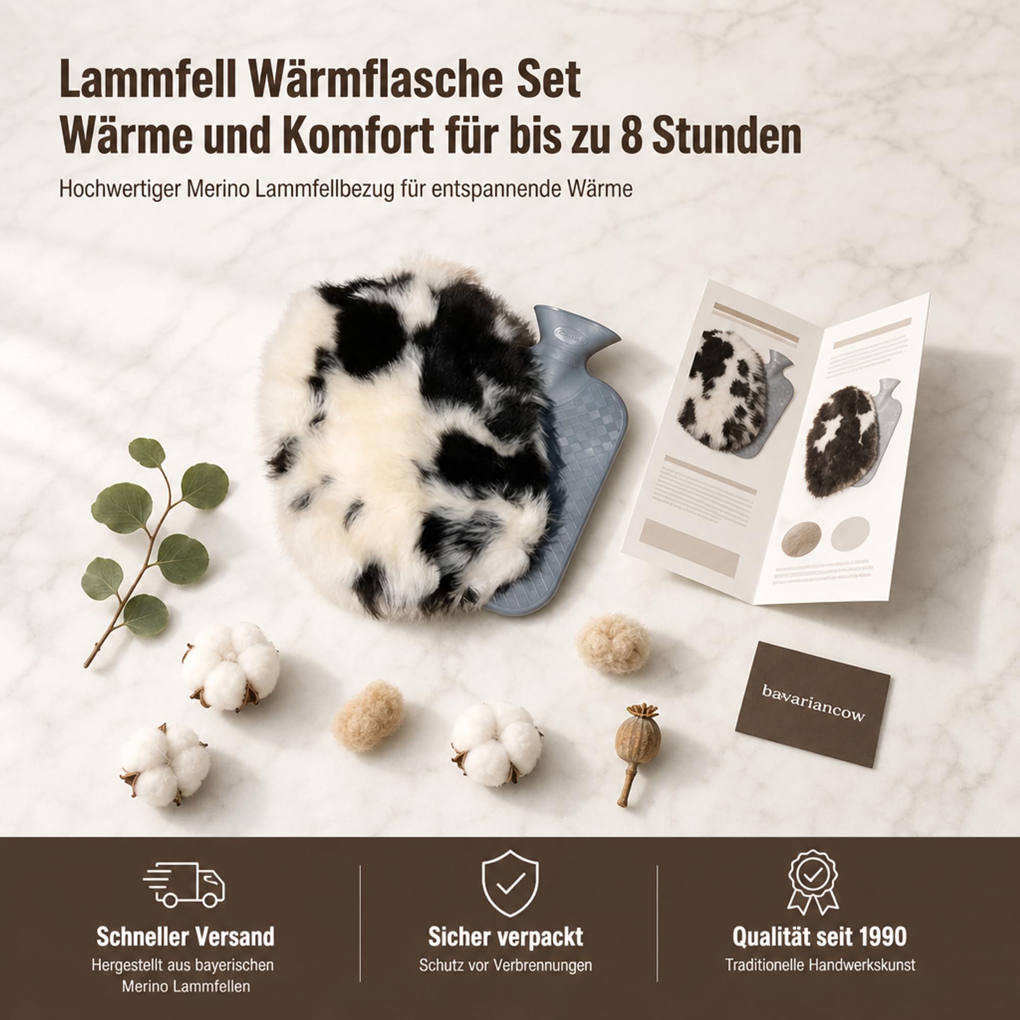 Fashy Merino Lammfell Wärmflasche 2,0 L – Kuschelige Wärme – Echtes Schaffell-Bezug