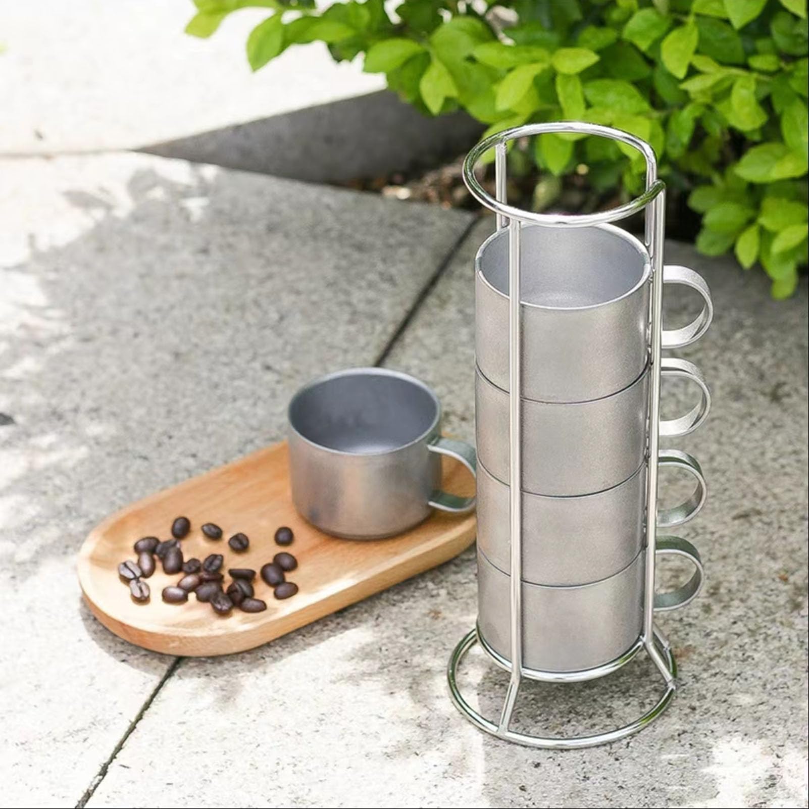 Tazas de Cafe，5 Tazas de Café Apilables de Acero Inoxidable con Soporte de Metal, Taza de Café Vintage de Acero Inoxidable 304, Juego de Tazas de Espresso, Tazas para Café, Té, Cacao, Leche