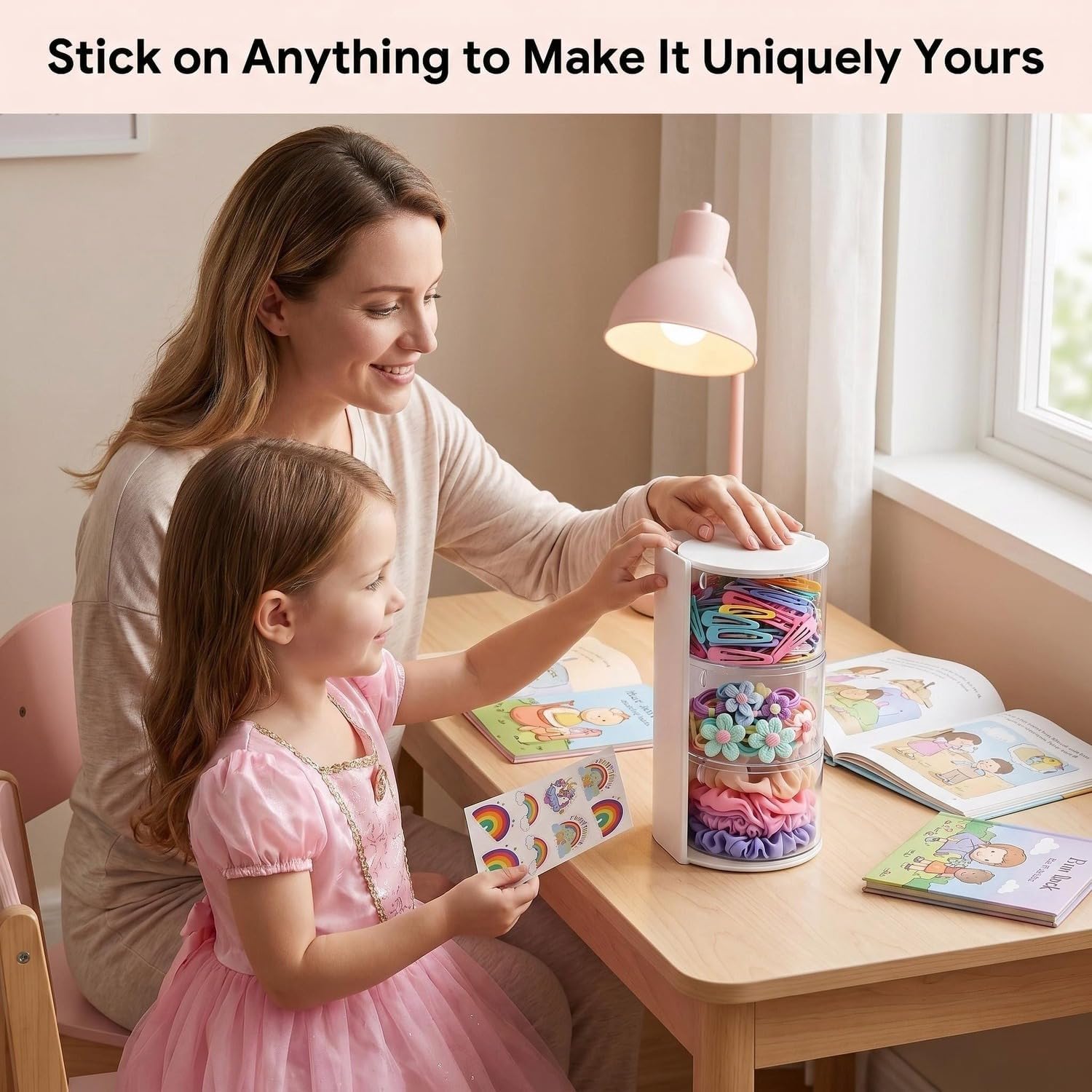 Hair Tie Organizer and Brush Holder with 50pcs Rainbow Stickers image 2