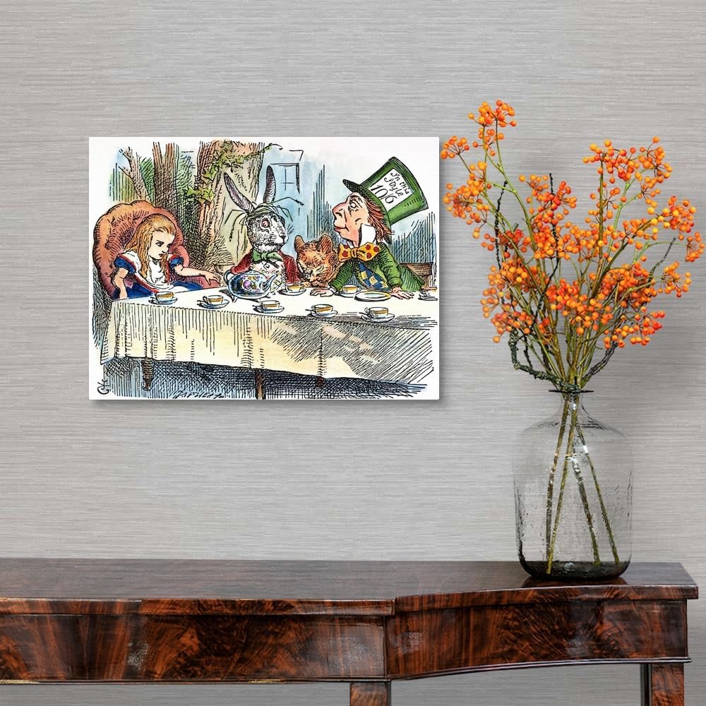 CANVAS ON DEMAND Alice's Mad-Tea Party, 1865, Alice's Adventures in Wonderland Canvas Wall Art Print by John Tenniel, Home Decor, Fairy Tale, Hare Artwork,16" x12in