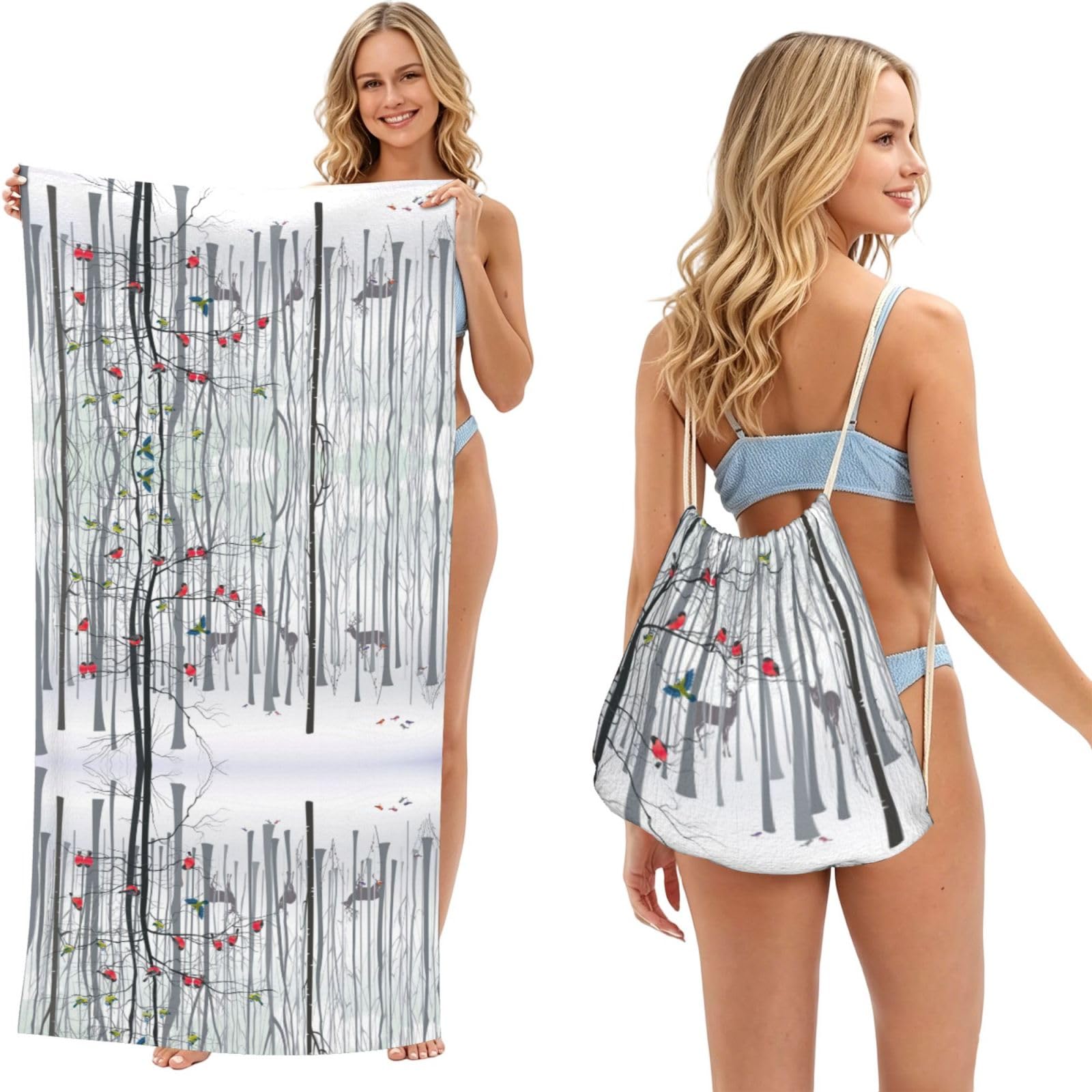 ESNAIUVCD Snow Deer Bird Brich Tree Print Beach Towel For Adults,Towel With Drawstring Bag, Travel Pool Swimming Sports Shower Sand Free Quick Dry Bath Towel For Pool, Beach, Yoga- 180x60cm