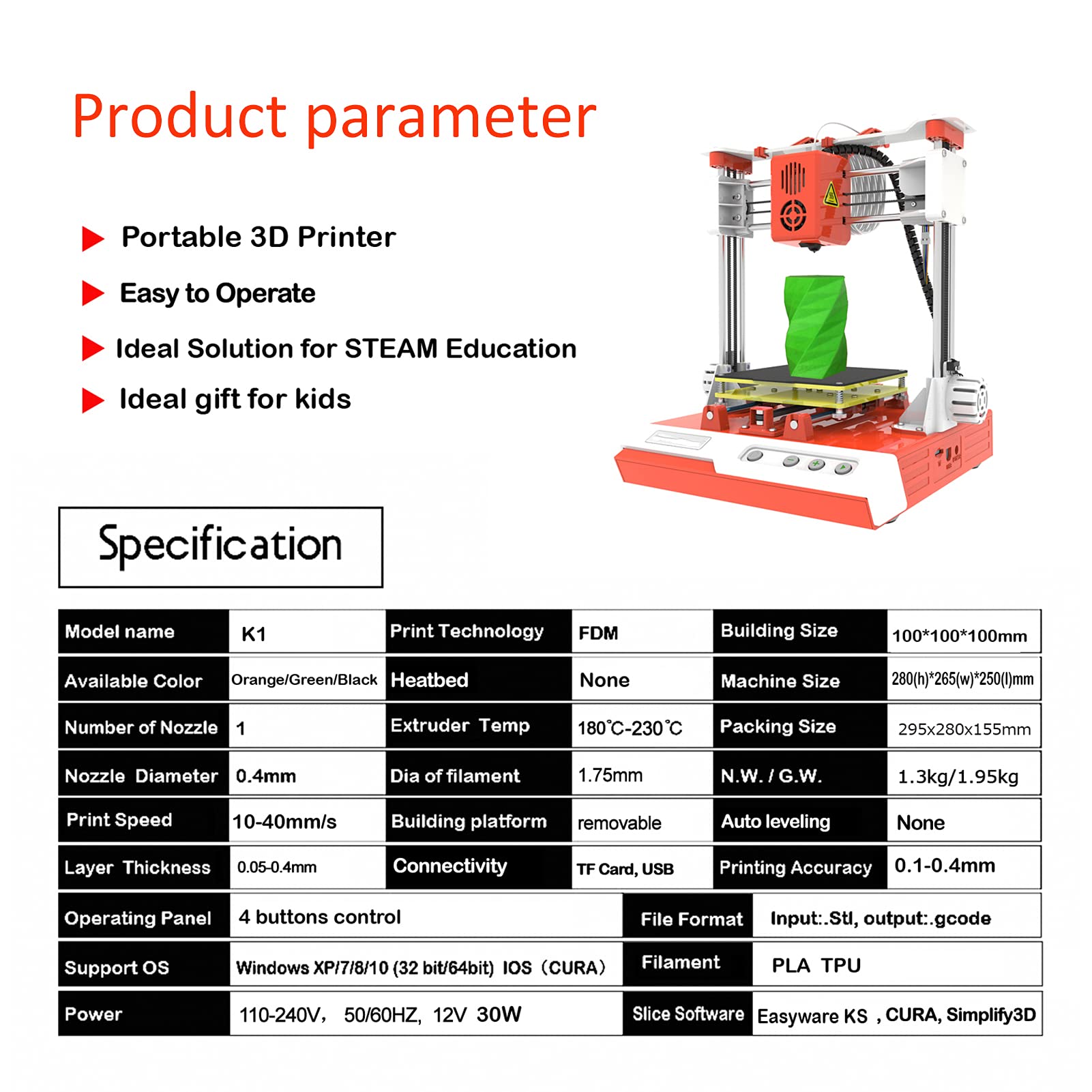 Impresoras 3D, filamento de Impresora 3D, Impresora 3D, Mini Kit de Impresora 3D de Escritorio K1 - Tamaño de impresión de 100 x 100 x 100 mm para educación doméstica (Enchufe del Reino Unido)