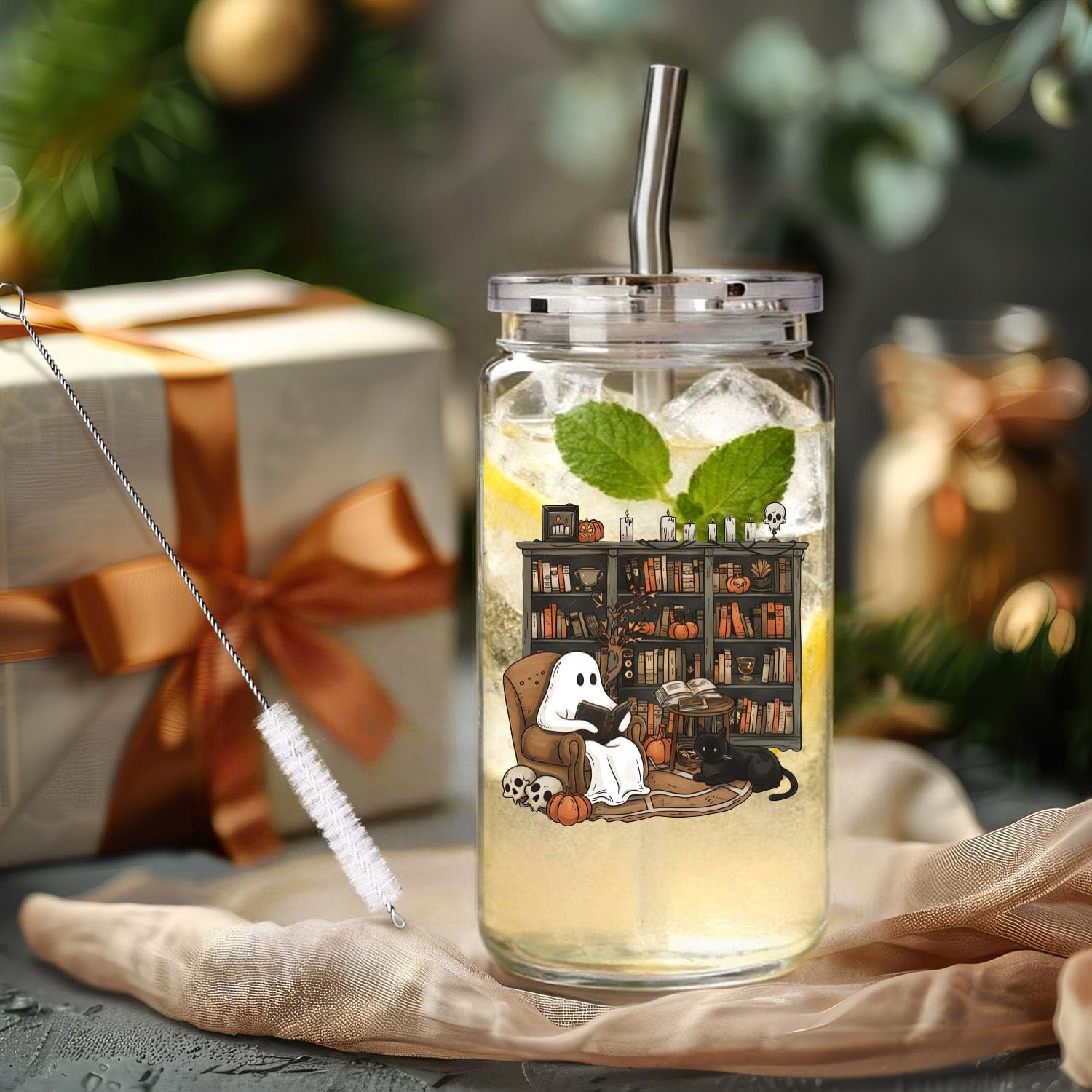 Halloween Ghost Reading Cup, Bookish Fall Glass Tumbler Gift for Teacher
