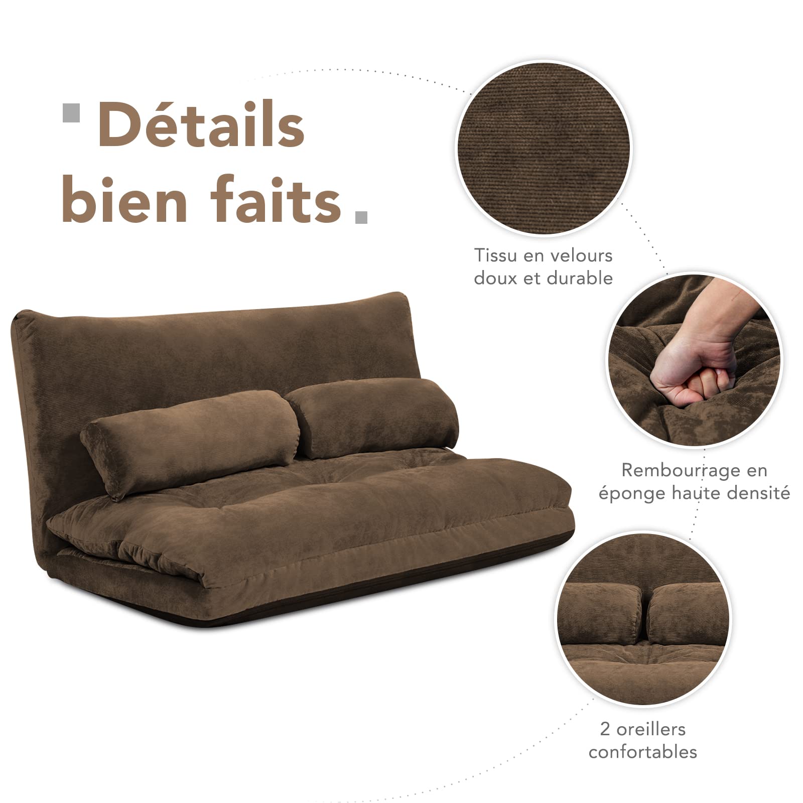 RELAX4LIFE Chauffeuse 2 Places Pliable en Velours Côtelé Réglable à 6 Positions avec 2 Oreillers, Canapé 2 Places Housse Amovible Convient pour Salon Chambre (Modèle 2, Brun)
