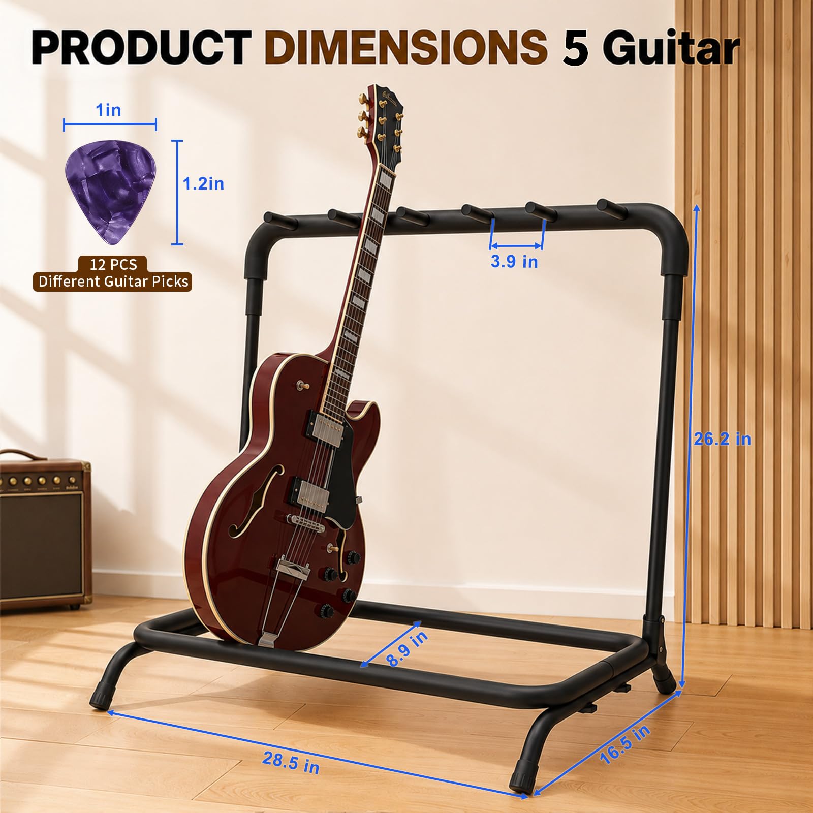 Multi Gitarrenständer Rack - Faltbarer Multi Gitarrenständer - Universeller Gitarrenhalter für 5 Gitarren - Ideal für Akustikgitarre, E-Gitarre, Bass