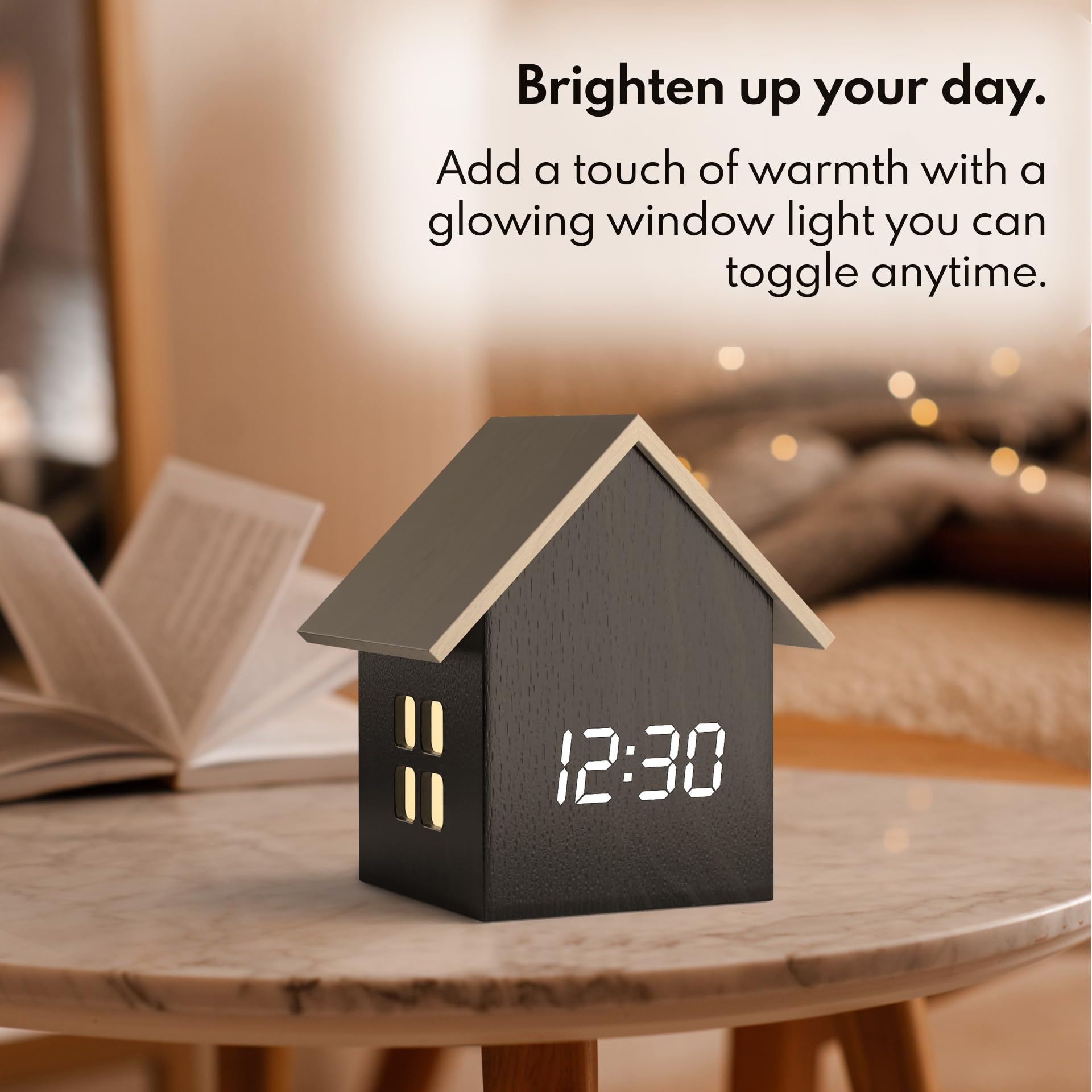 Driini Reloj despertador digital en forma de casa con pantalla de temperatura (madera oscura), estética moderna con bonito marco de cubo y regulador de intensidad LED blanco, reloj de escritorio