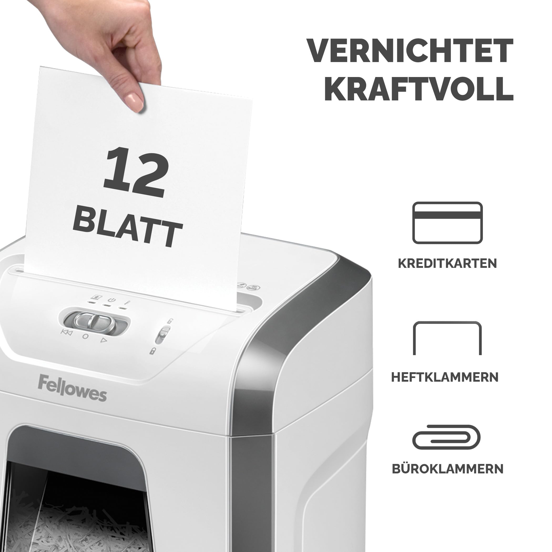 Fellowes Aktenvernichter, Papierschredder für 12 Blatt Partikelschnitt & Amazon Basics - Schmiermittelblätter für Aktenvernichter, 12er-Pack Automatisch, Mikroschnitt, Weiß