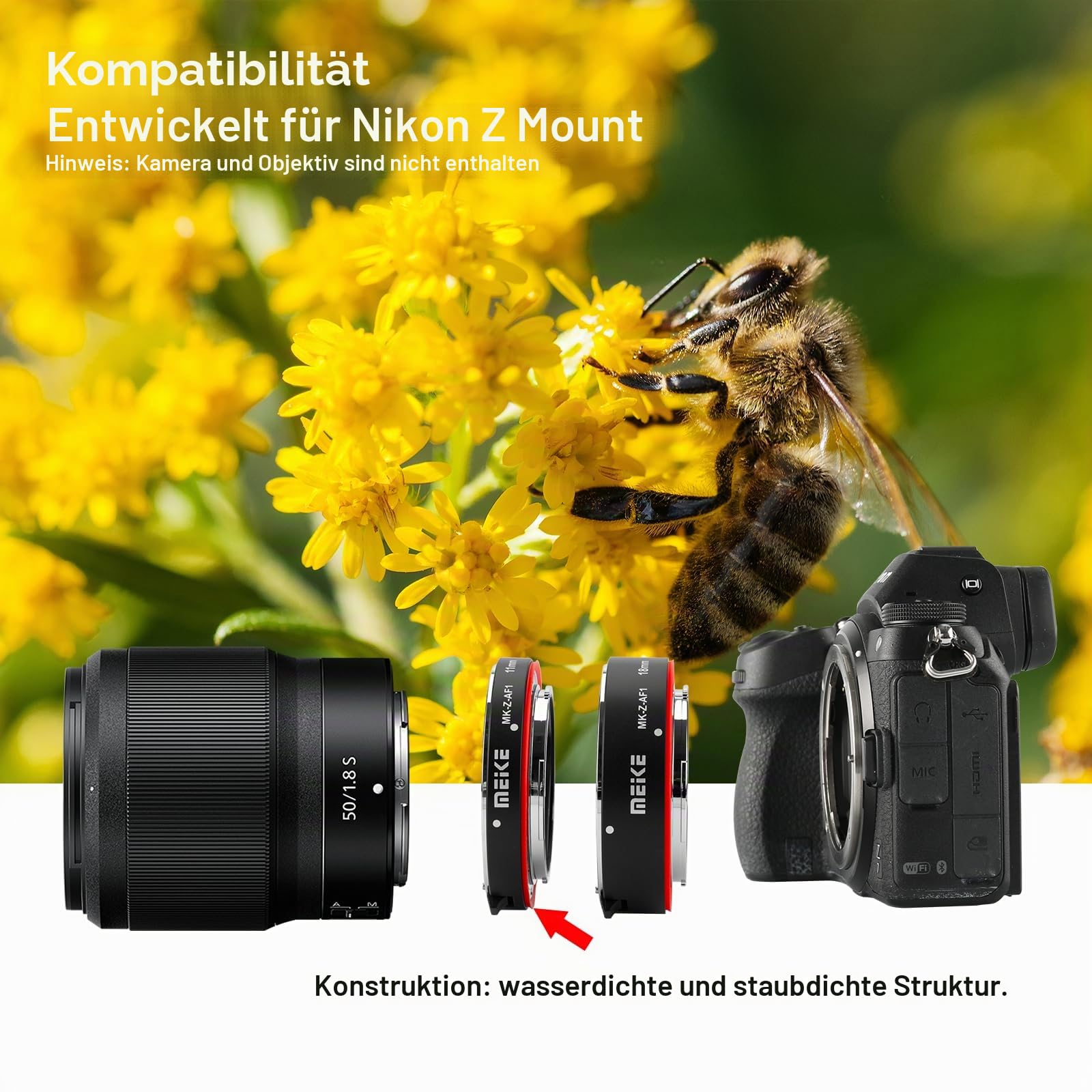 Meike MK-Z-AF1 Metal Auto Focus Macro Extension Tube Adapter Ring (11mm+18mm) Compatible with Nikon Z5 Z6 Z7 Z50