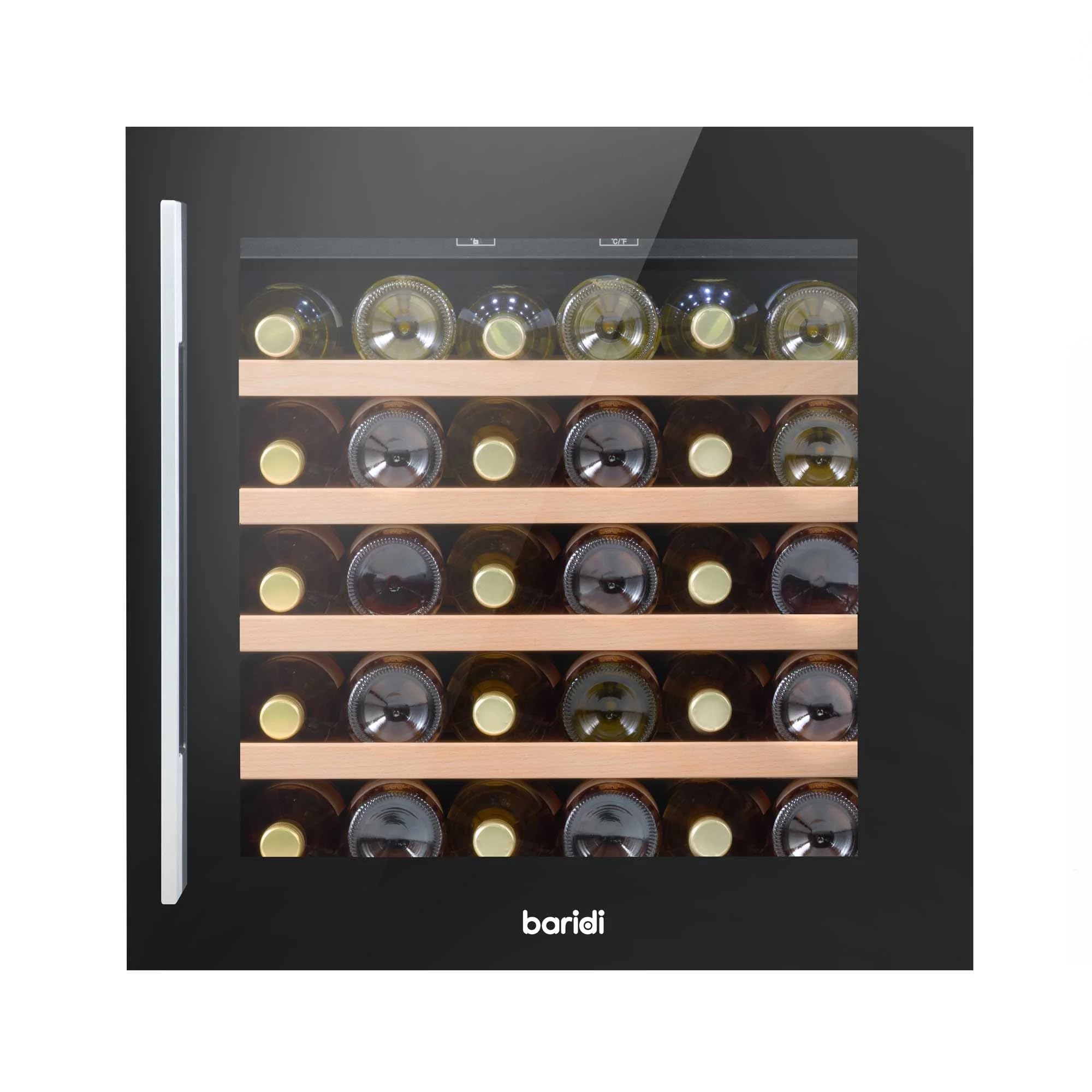 Dellonda Baridi 60cm Built-In 36 Bottle Wine Cooler with Beech Wood Shelves and Internal LED Light, Black - DH206