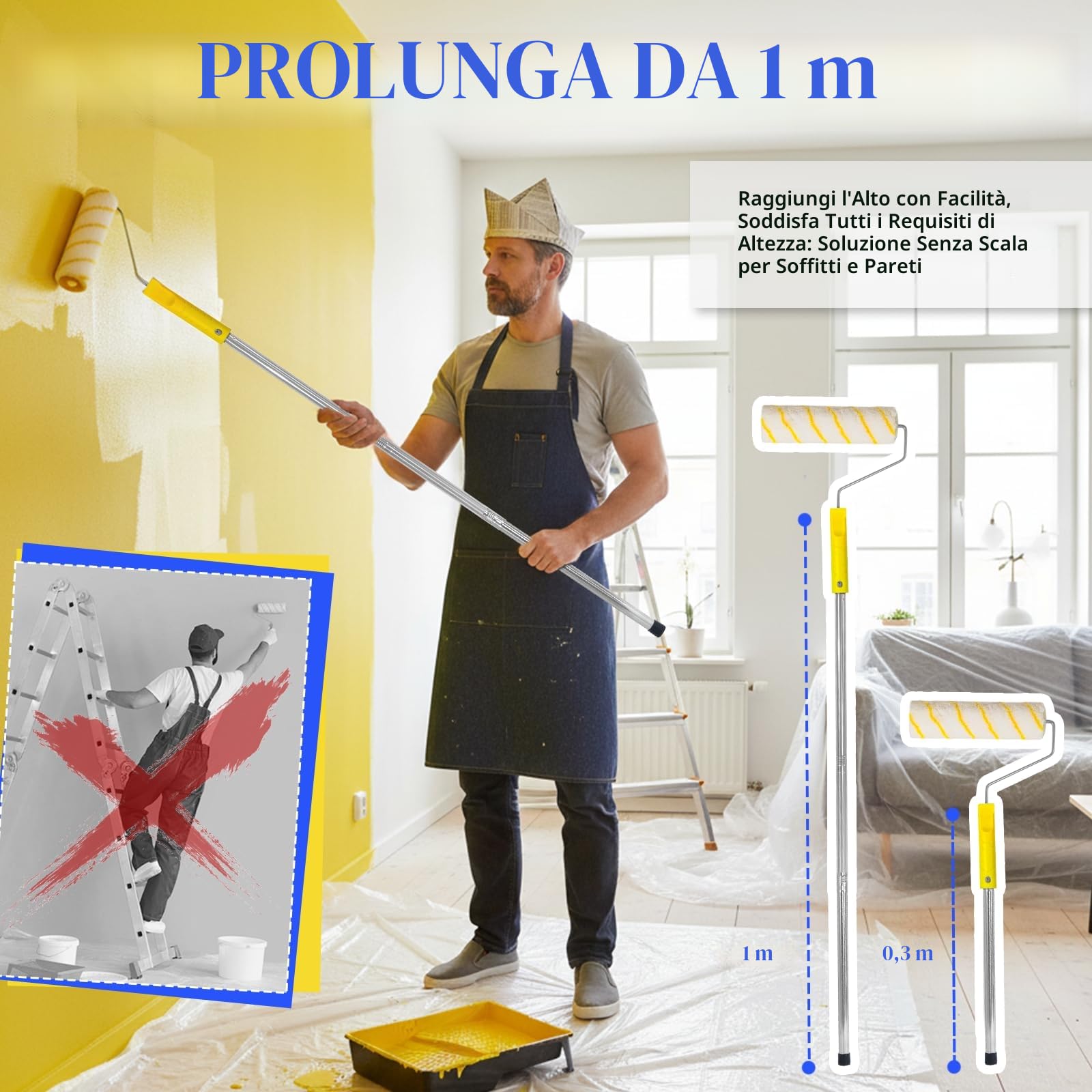 Set di 18 rulli per pittura con asta di estensione, kit di decorazione per la casa, rulli e vassoio con pennelli, set di rulli per dipingere pareti, soffitti, porte