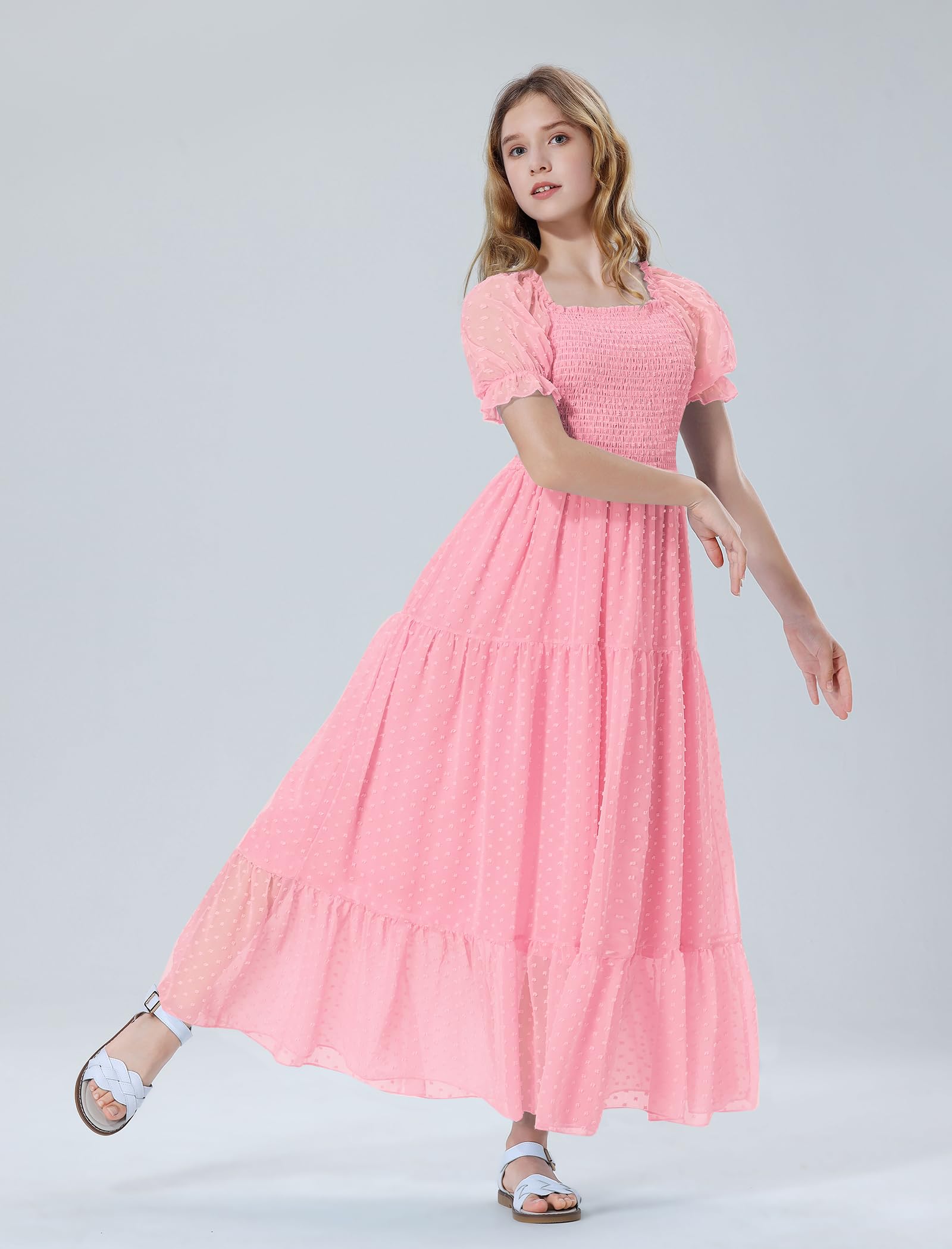 EXARUS Vestido largo fruncido para niñas de 6 a 12 años con cuello cuadrado, manga corta, casual, acampanado, para adolescentes, lunares suizos, de verano | Vestidos acampanados para adolescentes, para vacaciones, playa, baile, casual, fiesta de regreso a