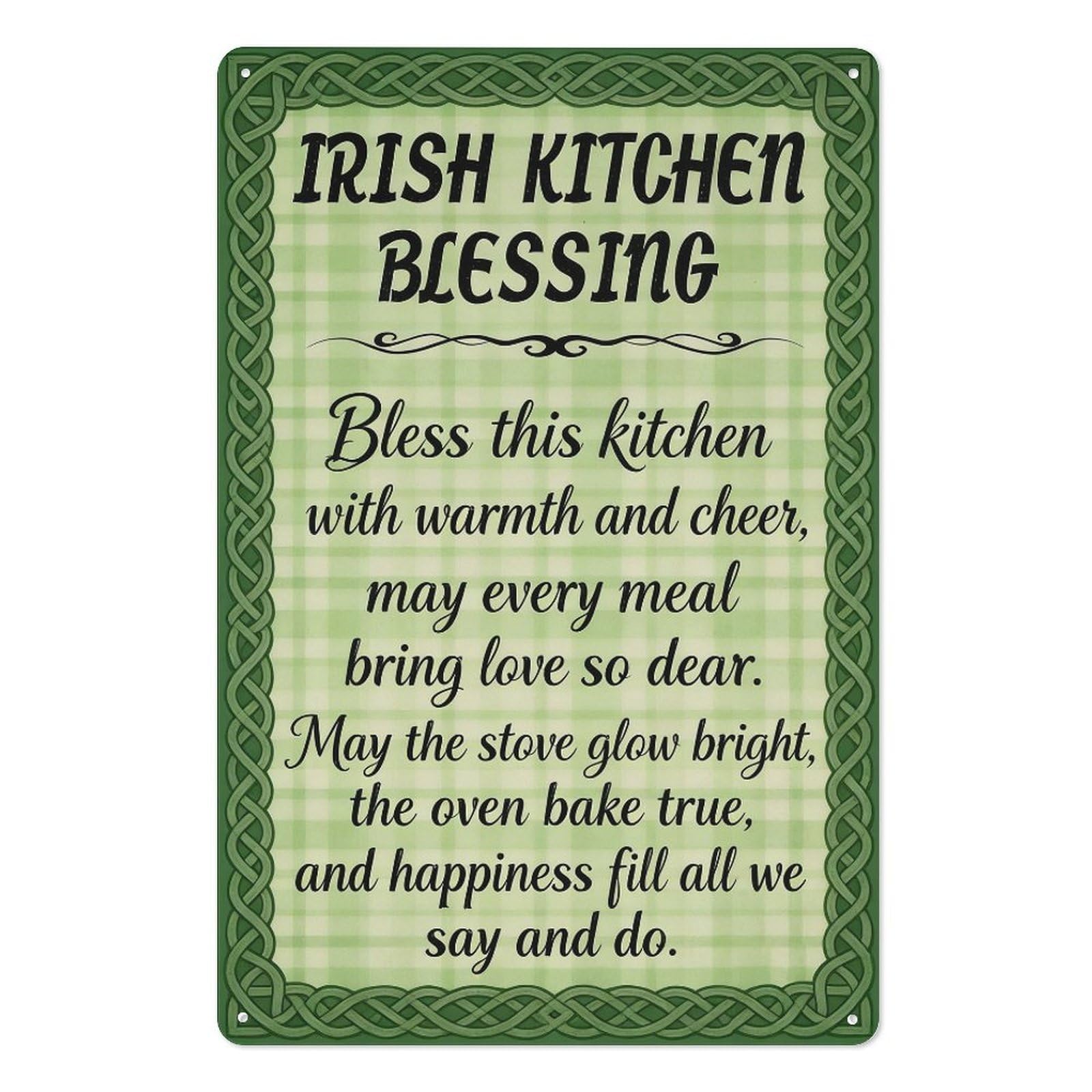 peiyeety Irish Kitchen Blessing Celtic Design Metal Tin Sign 8x12 Inch Vintage Style Wall Decor Plaque, Green Plaid Irish Kitchen Wall Art Sign for Home