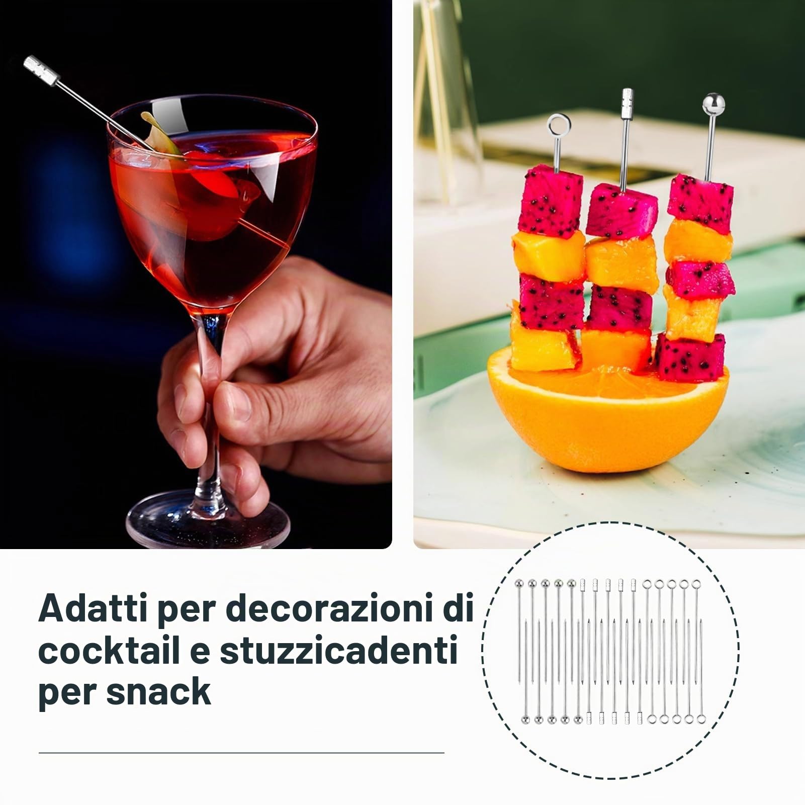 30 Pezzi Stuzzicadenti in Acciaio Inox, Bastoncini da Cocktail per Barbecue Snack, Decorazioni Bastoncini Frutta Riutilizzabili Spiedini Metallico, Accessori Feste e Eventi, Facili Pulire Riutilizzare