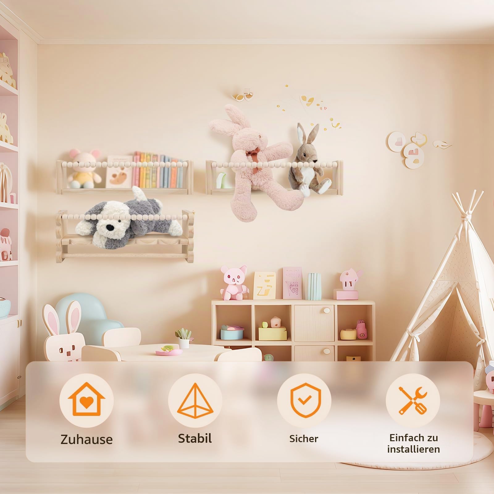 Wandregal Kinderzimmer Holz, 3er Set 40cm Bücherregal Kinder Wand mit Foto-Hängedisplay, Regal Kinderzimmer, Holz Wandregal Bücher Schweberegale für Babyzimmer Wohnzimmer Kinder Bad (Wolkenform)