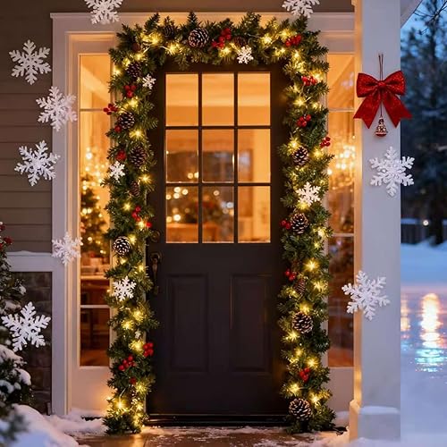 Miniatura 5 de Guirnalda de Navidad artificial de 9 pies, guirnalda de vegetación de Navidad con 50 luces LED, con conos de pino, bayas rojas, ramas exuberantes,