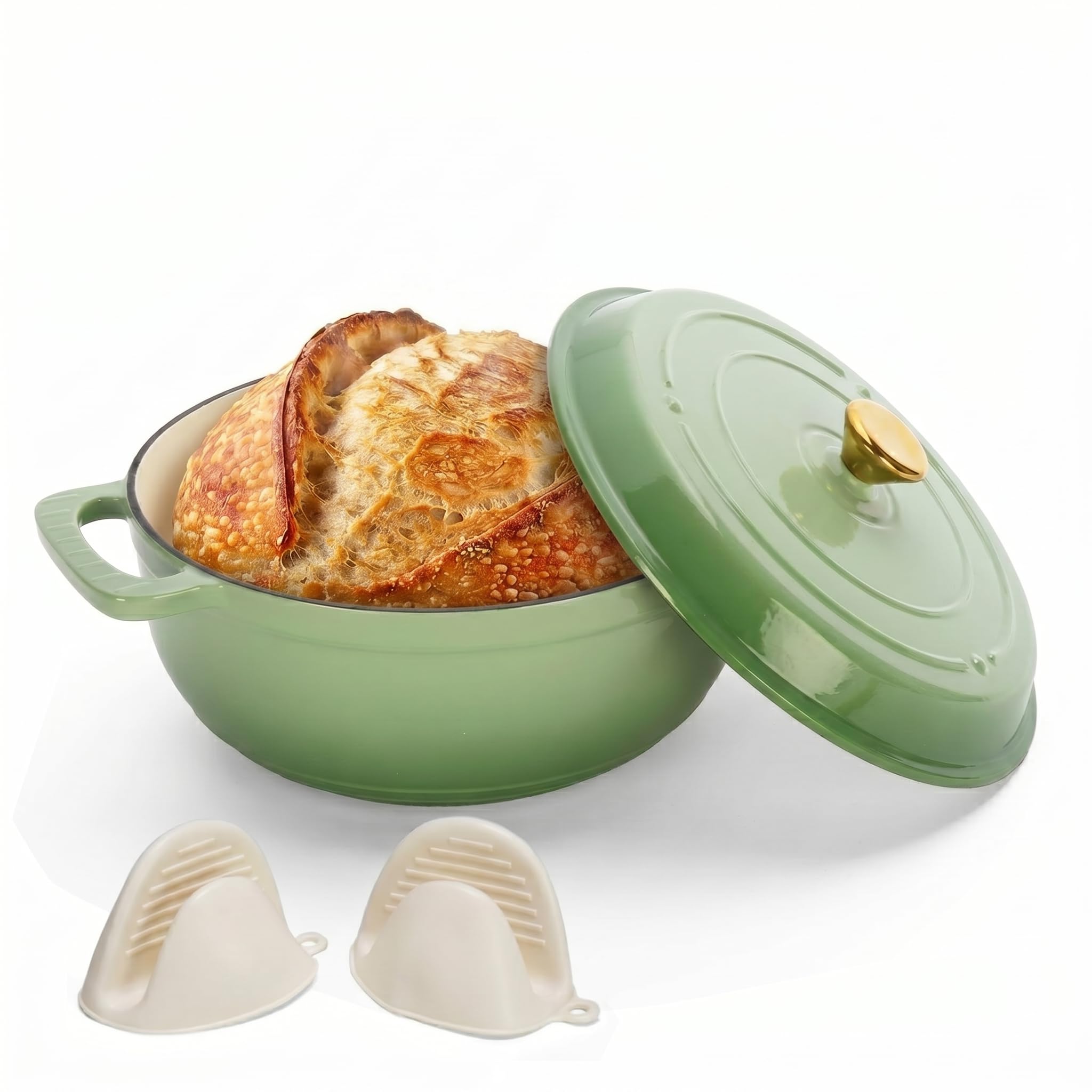 ROVSUN Cast Iron Dutch Oven for Bread Making, Enamelled Casserole Dish with Lid, Gradient Green – Oven Safe Cast Iron Pot, Pan, Silicone Gloves (Avocado Green, 5QT)