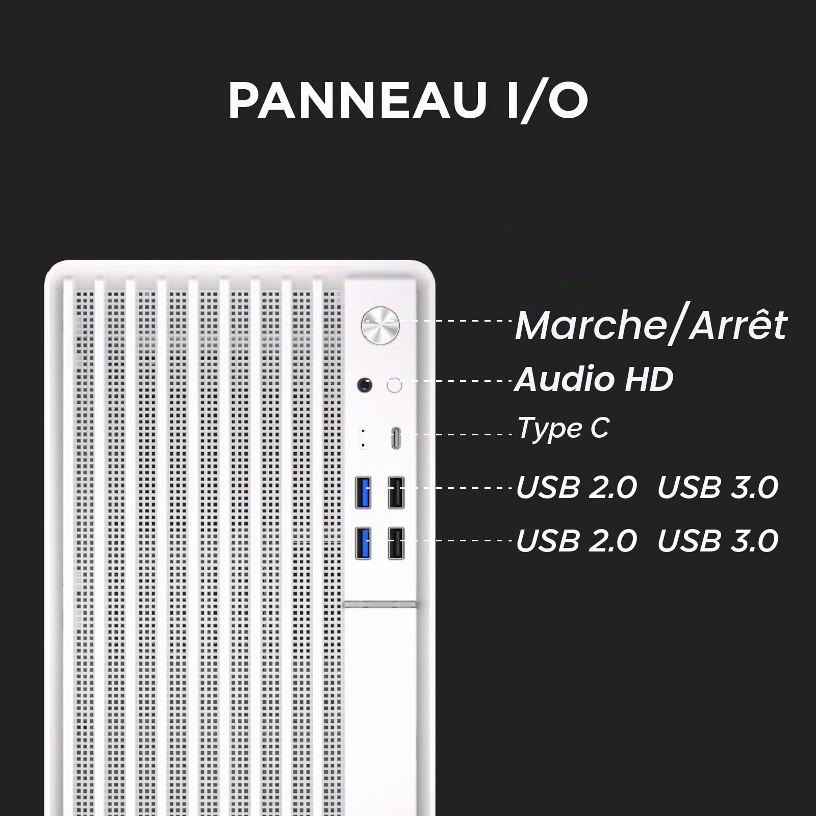 Nuwo Quartz QH300 | Boîtier PC Compact Micro-ATX sans Bloc d'alimentation | Compatible avec MicroATX et Mini-ITX | Refroidissement réseau Frontal | USB 3.0 et Type-C, Blanc