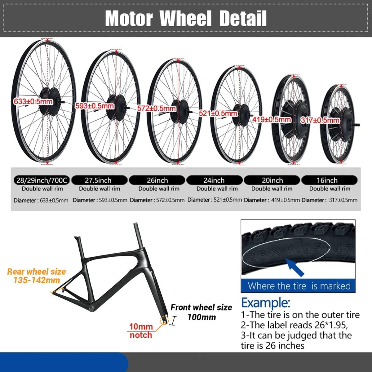 Diagram showing various wheel sizes (20, 24, 26, 27.5, 28, 29, 700C) with their respective diameters, and illustrations of front fork (100mm) and rear fork (135-142mm) measurements.