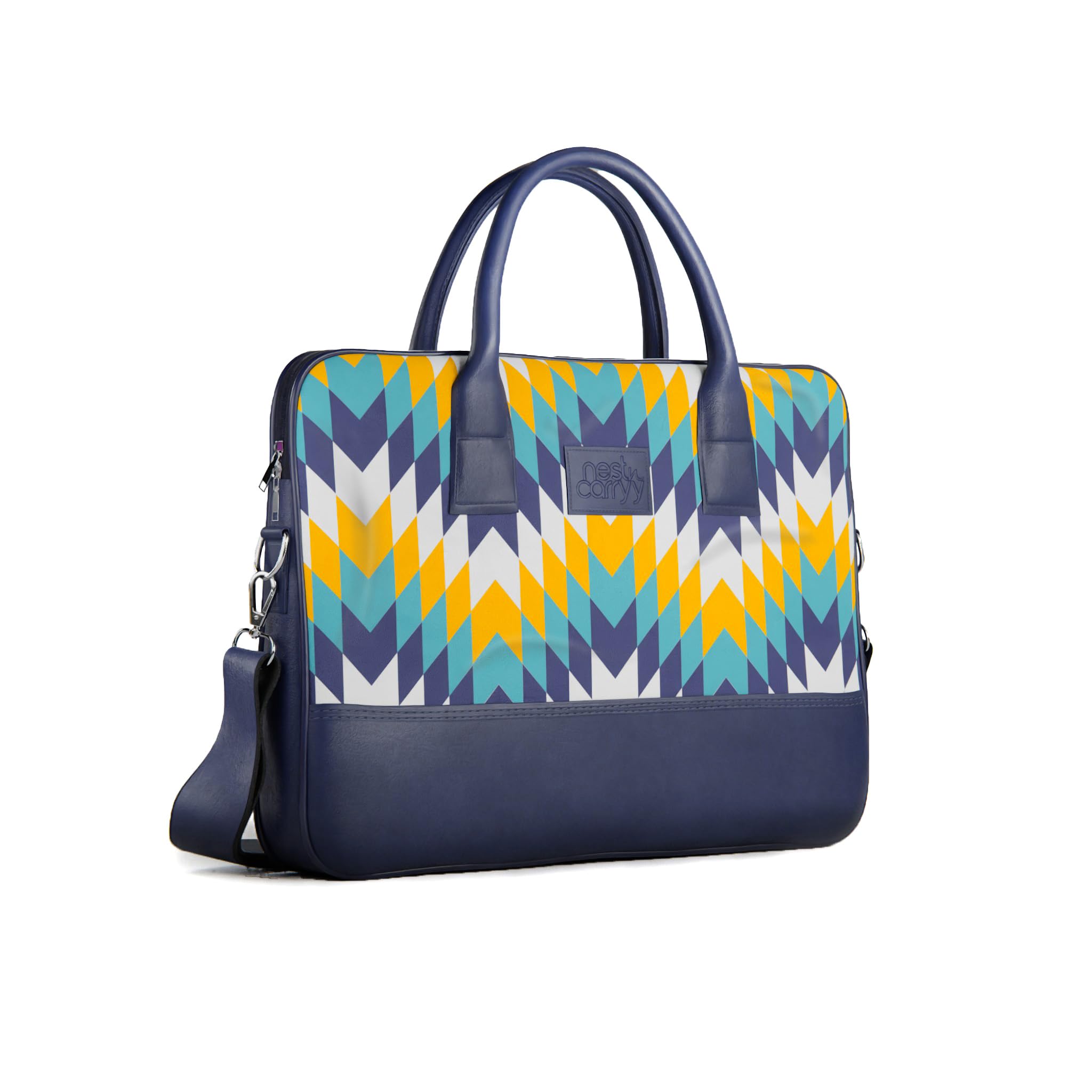 Chevron Laptop Messenger Bag for Men & Women | Upto 13 inch 8L | Lightweight Water Resistant | PU Leather & Velvet | Adjustable Sling & Multiple Organisers | Office Bag for Work & Travel (Blue)-image-39