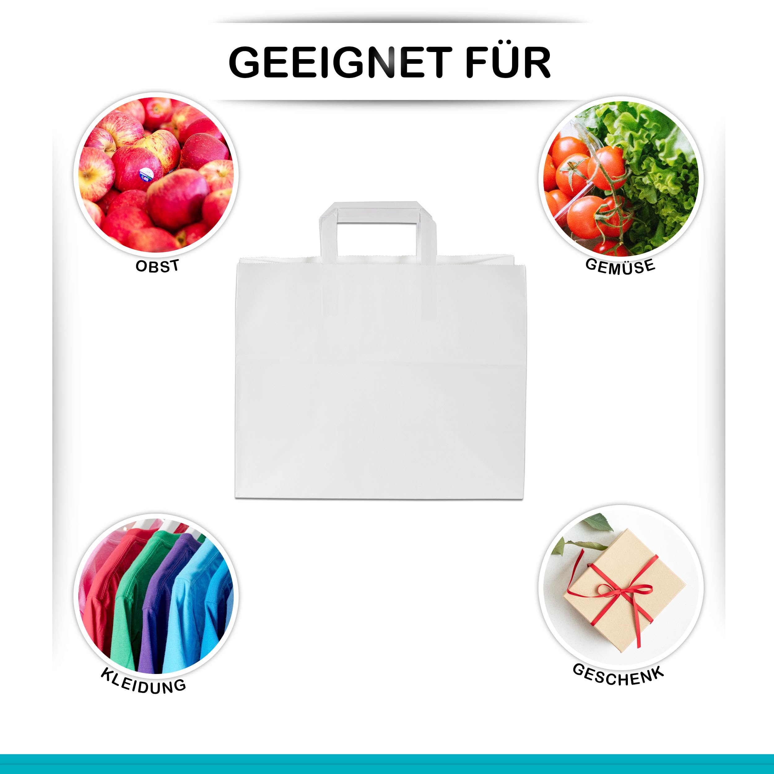 Torby papierowe, 250 sztuk, torebki papierowe, torebki na prezenty, torebki z papieru typu kraft, z uchwytami, 32 + 22 x 25 cm – 250 sztuk, białe)